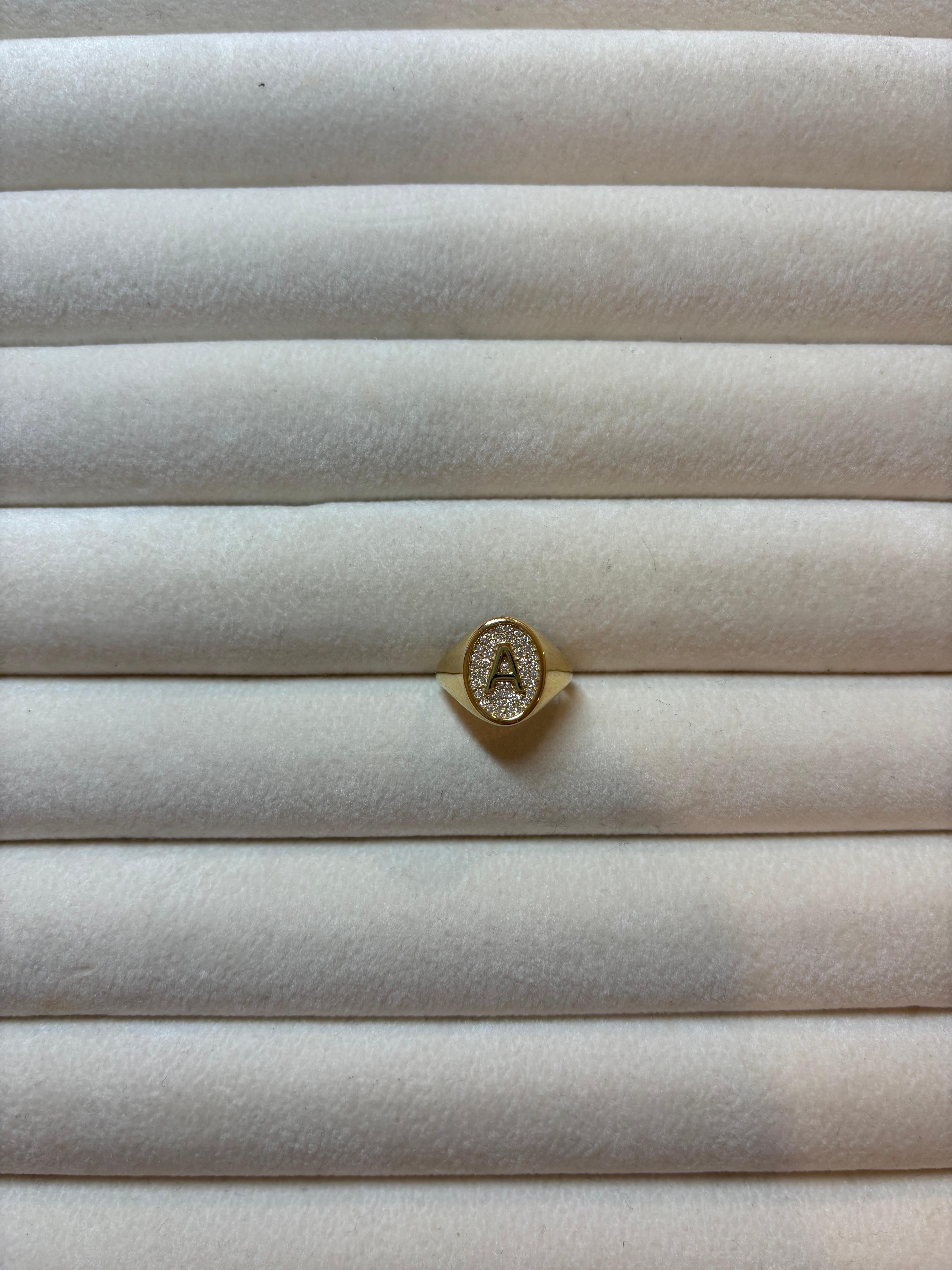 For Sale:  Letter A, Diamond Signet Ring, 0.20CTW DIAMONDS, 18K GOLD, BY Michelle Massoura 2
