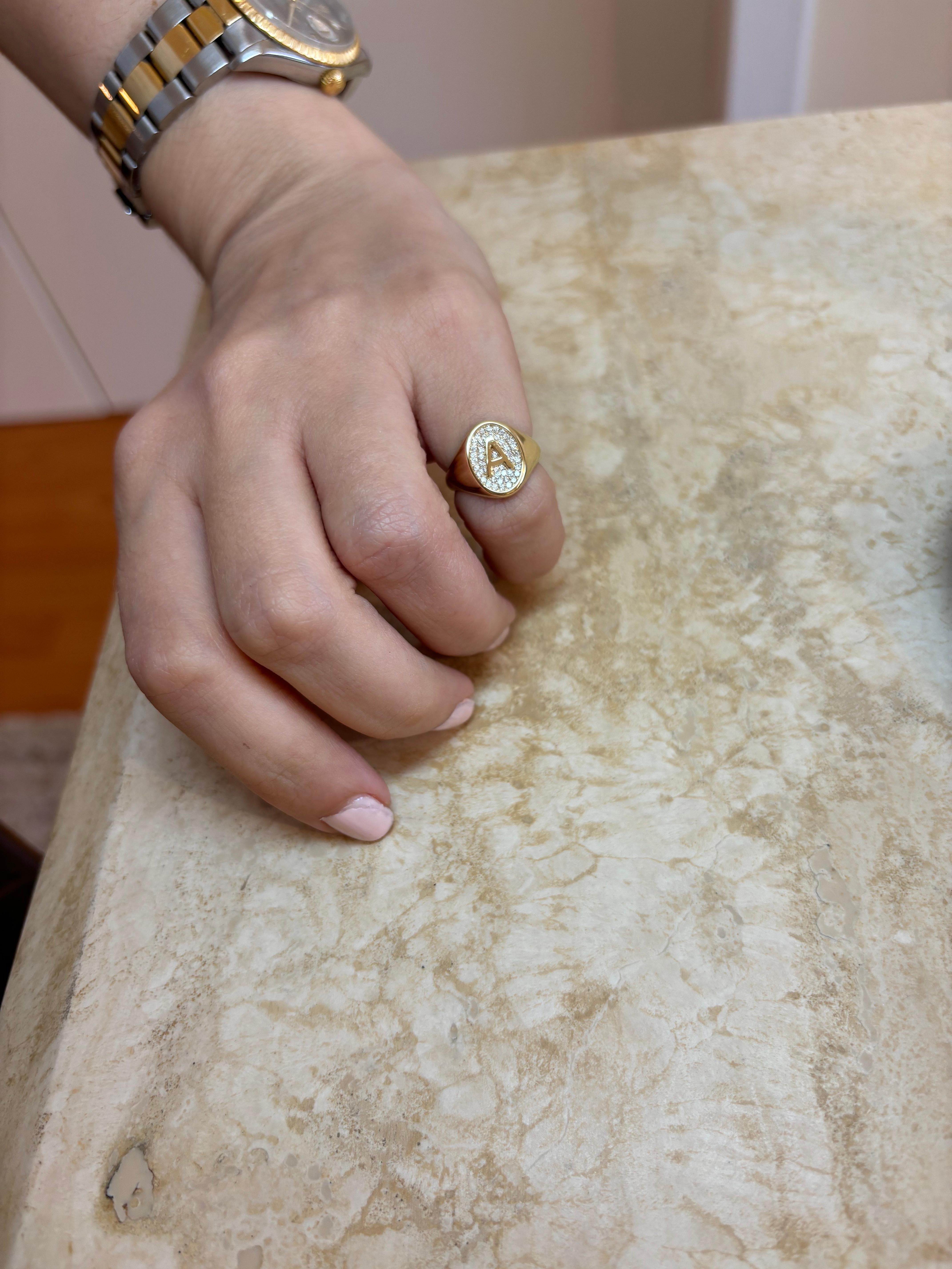 For Sale:  Letter A, Diamond Signet Ring, 0.20CTW DIAMONDS, 18K GOLD, BY Michelle Massoura 4