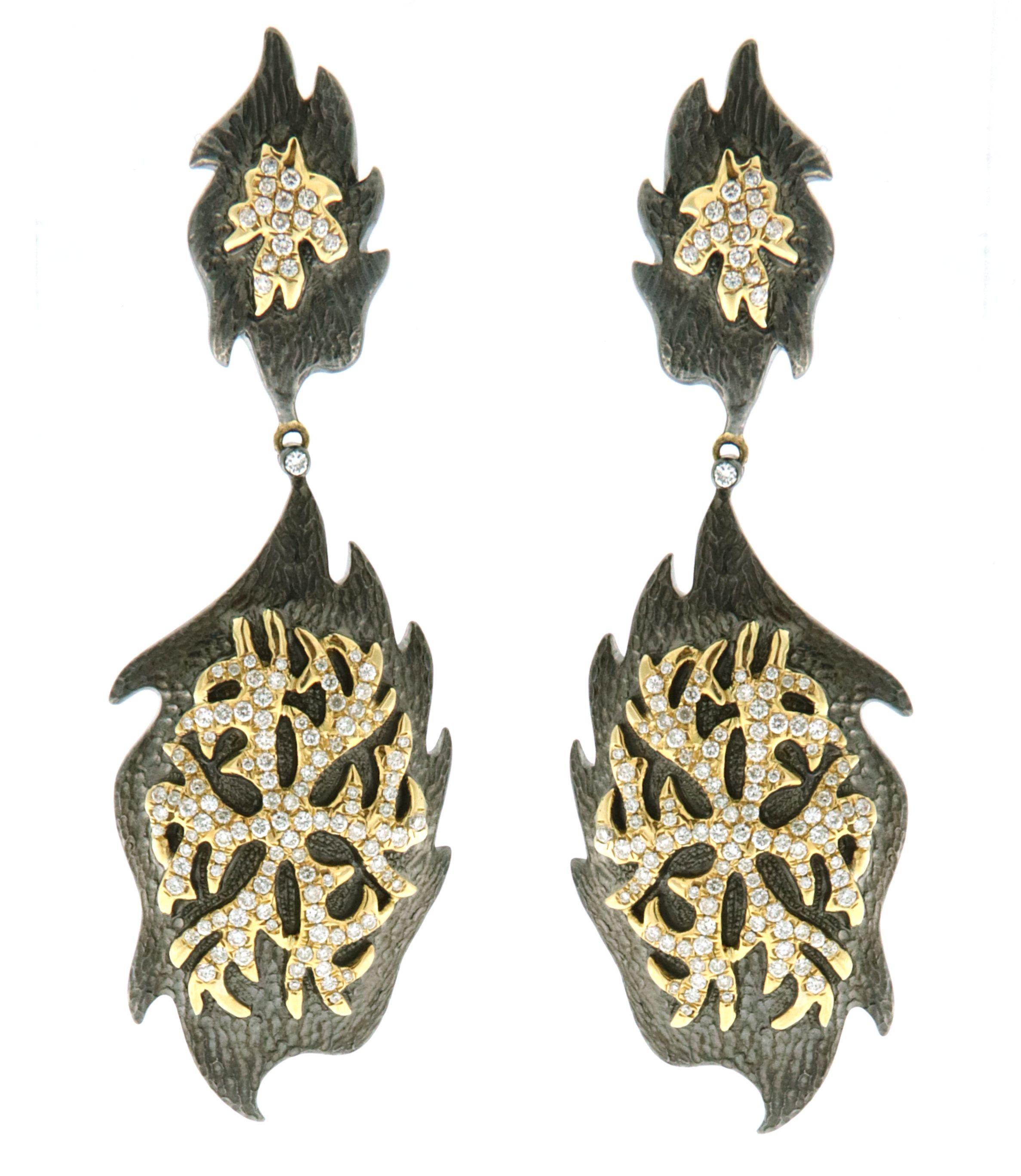 Mixed Cut Diamond Silver Gold Earrings For Sale