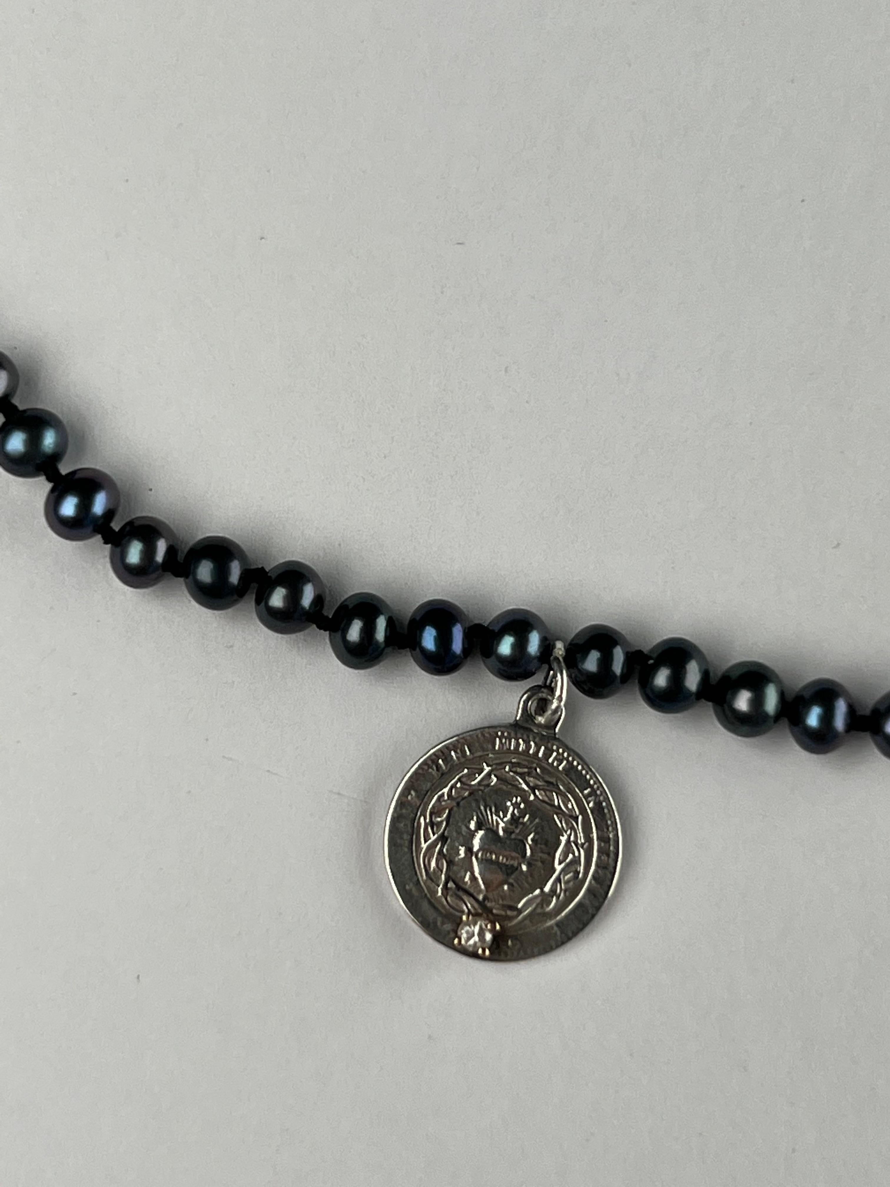 Diamond Silver Heart Medal Black Pearl Necklace Choker J Dauphin For Sale 1