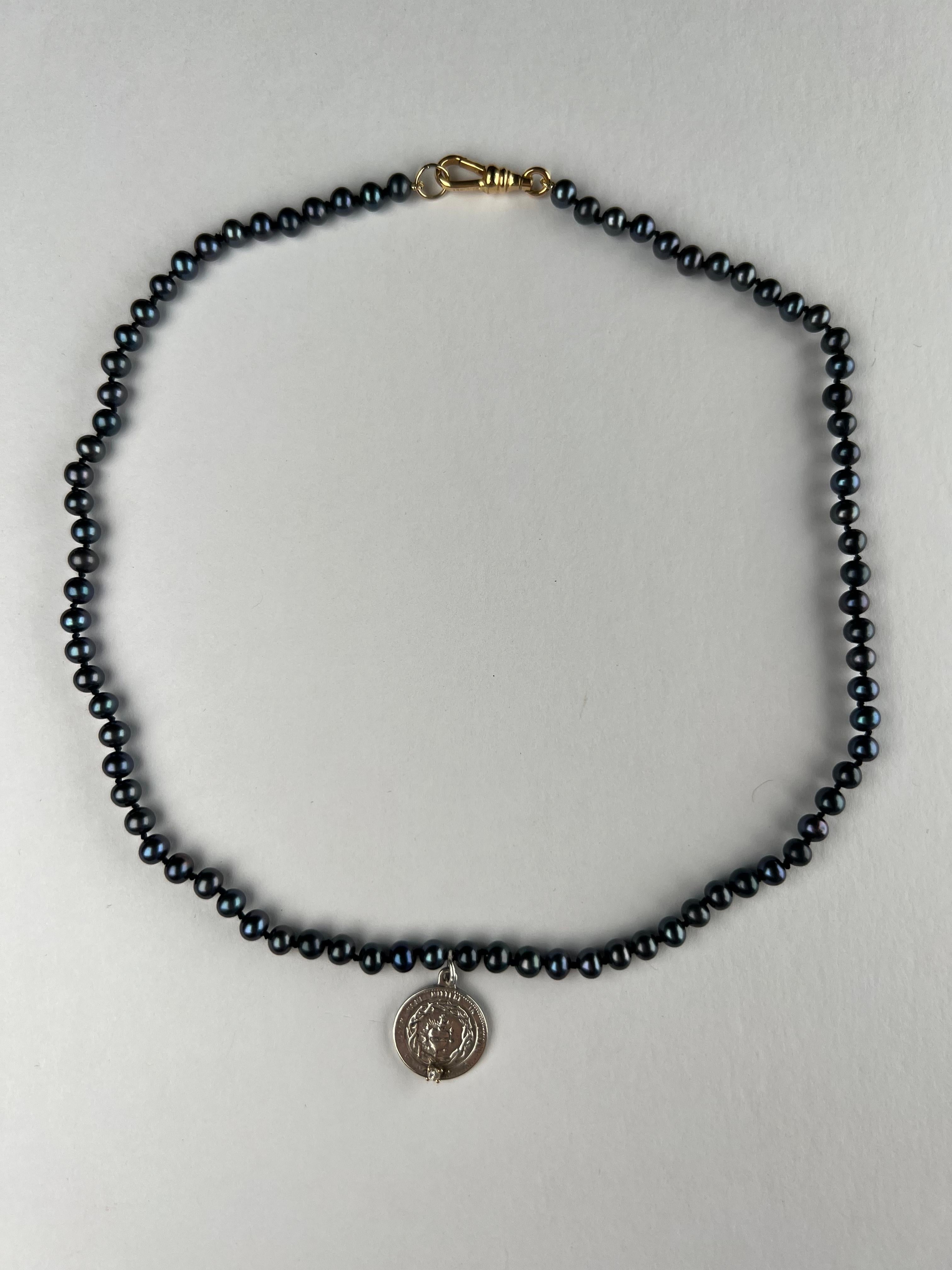 Diamond Silver Heart Medal Black Pearl Necklace Choker J Dauphin For Sale 3