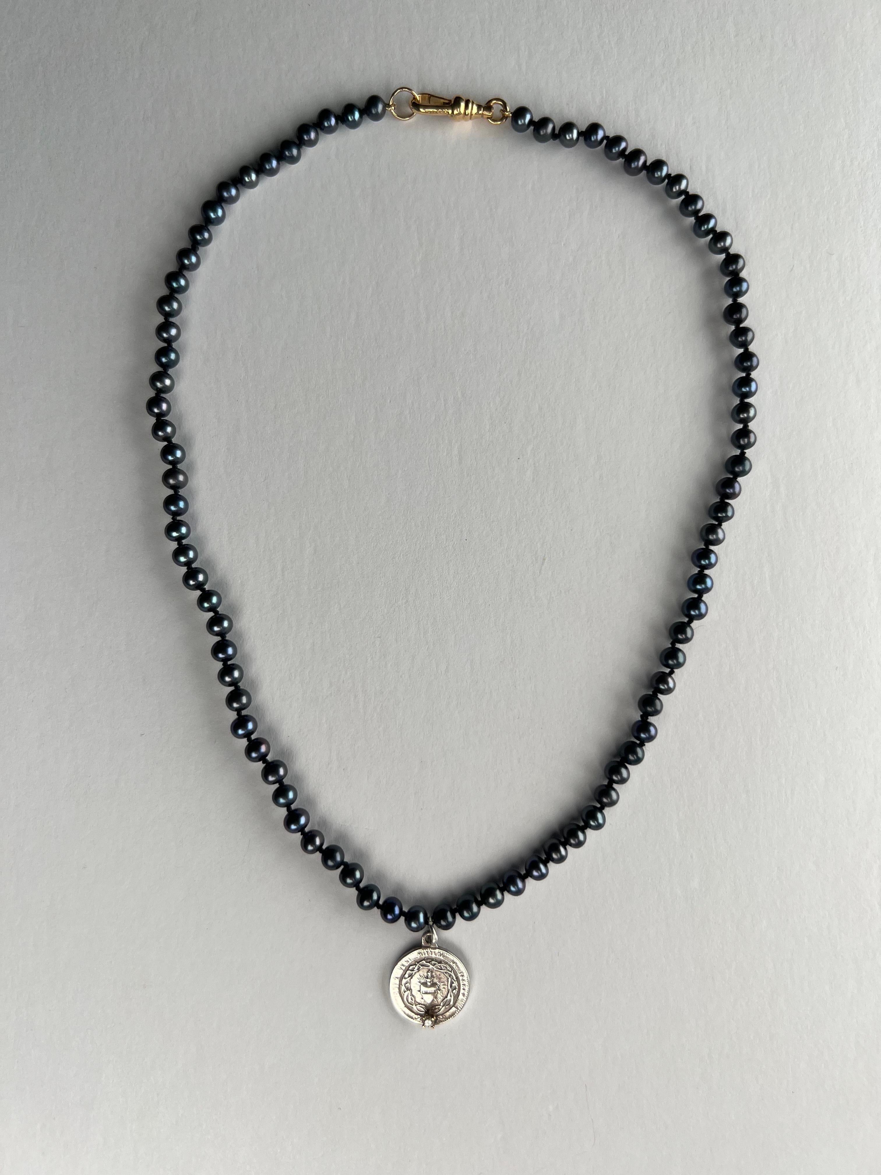 Brilliant Cut Diamond Silver Sacred Heart Medal Black Pearl Necklace Choker J Dauphin For Sale