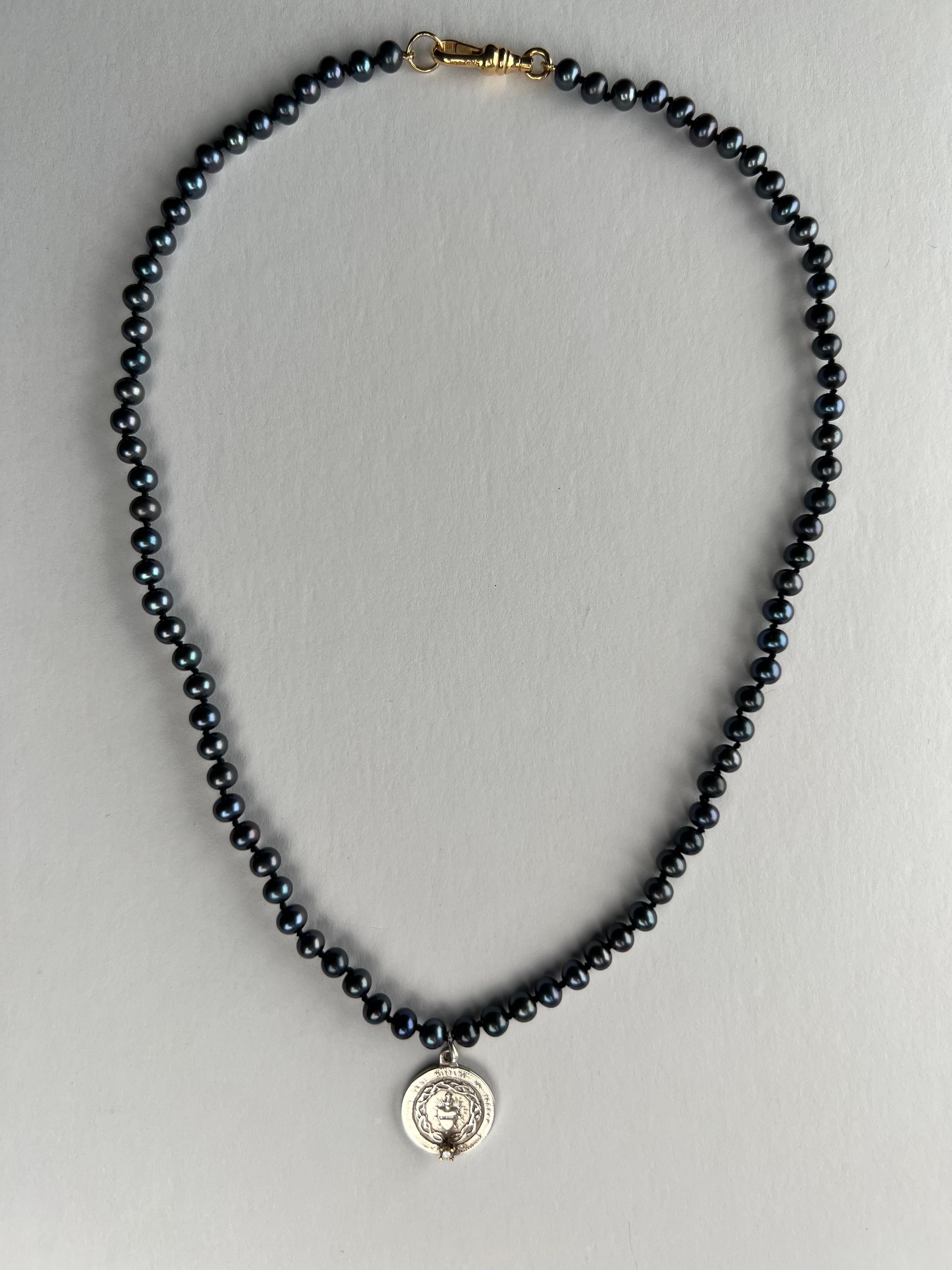 Diamond Silver Sacred Heart Medal Black Pearl Necklace Choker J Dauphin In New Condition For Sale In Los Angeles, CA