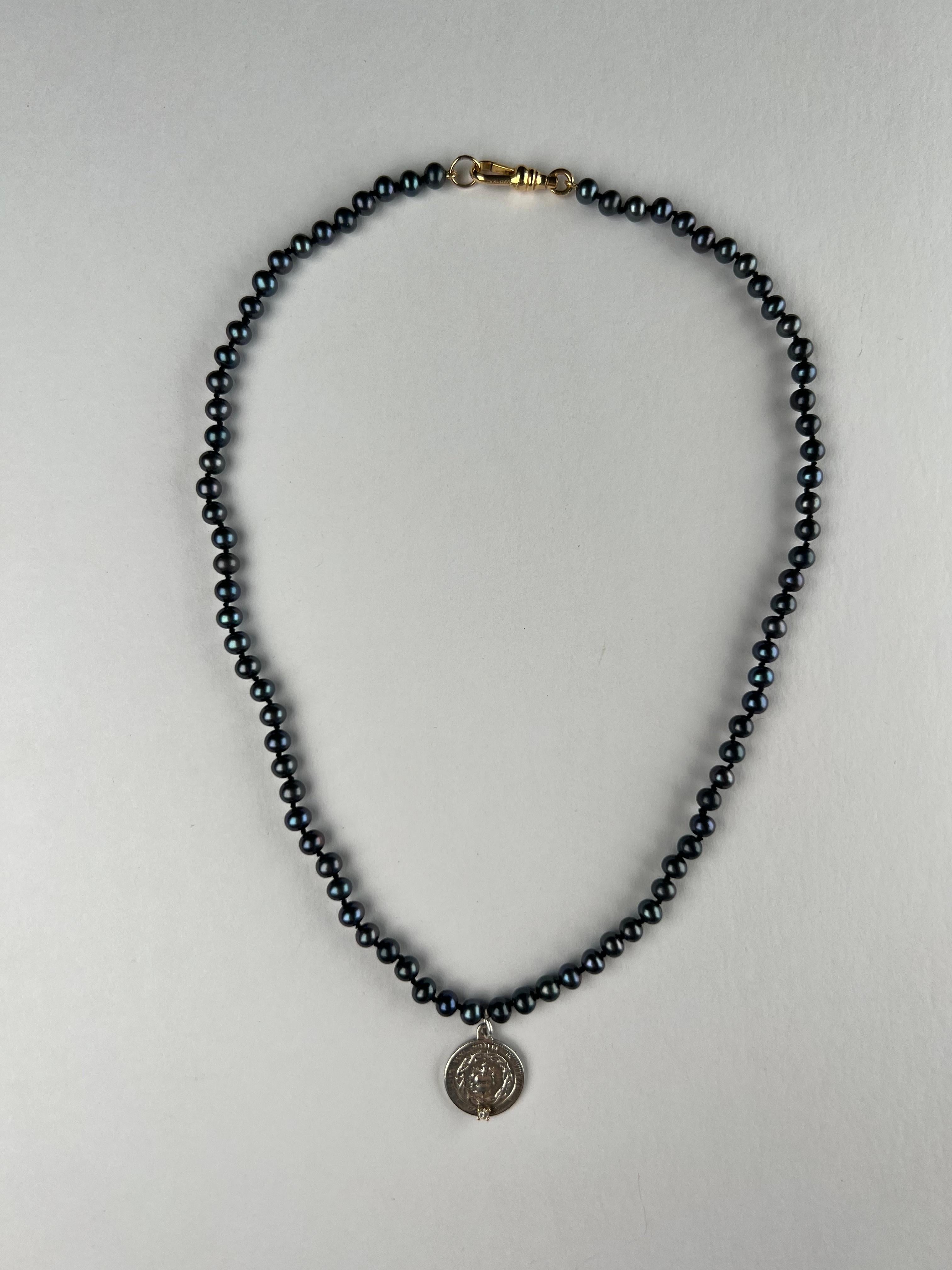 Women's Diamond Silver Sacred Heart Medal Black Pearl Necklace Choker J Dauphin For Sale
