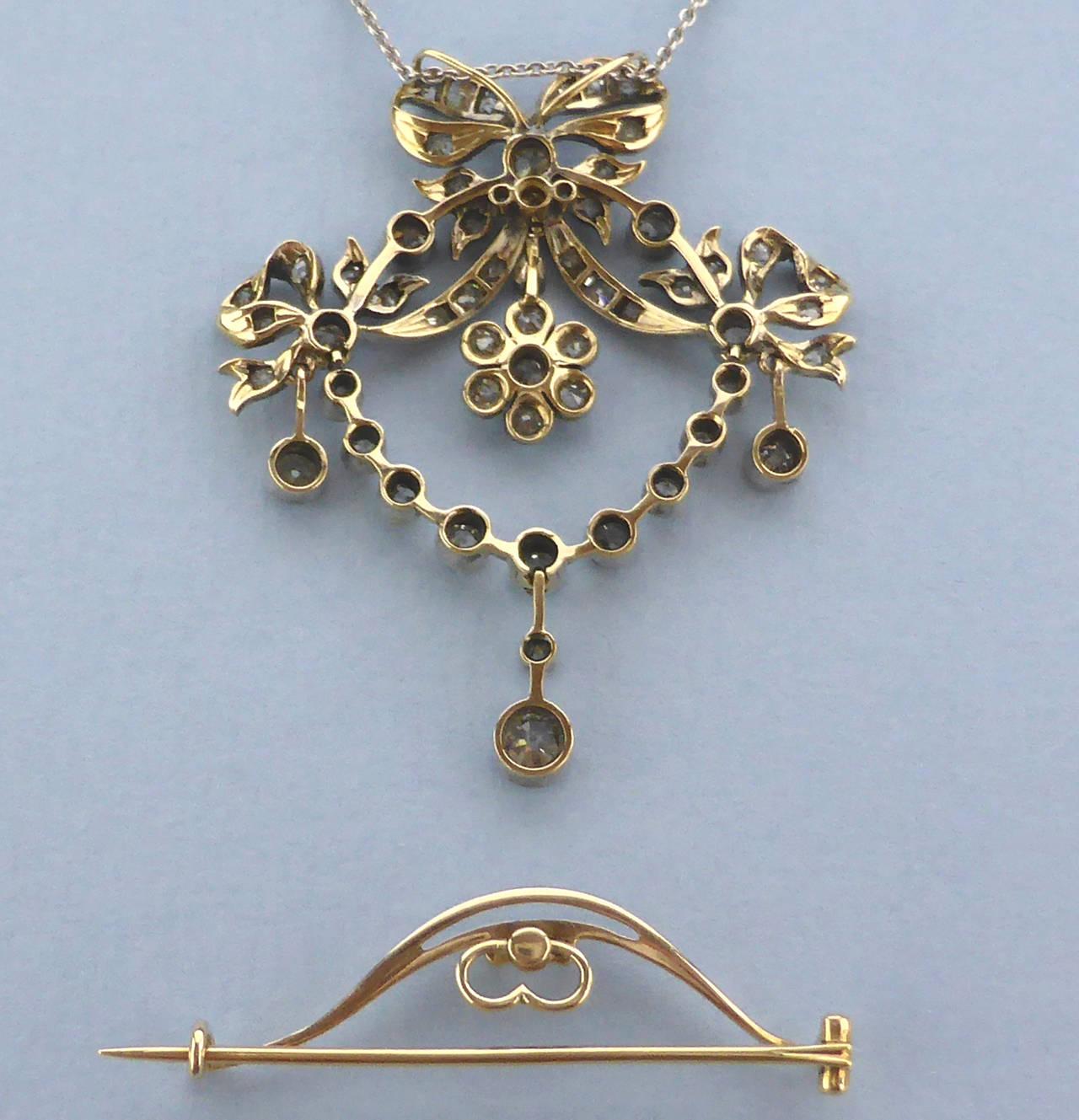 Diamond Silver Set Yellow Gold Belle Époque Diamond Pendant, circa 1910 For Sale 1