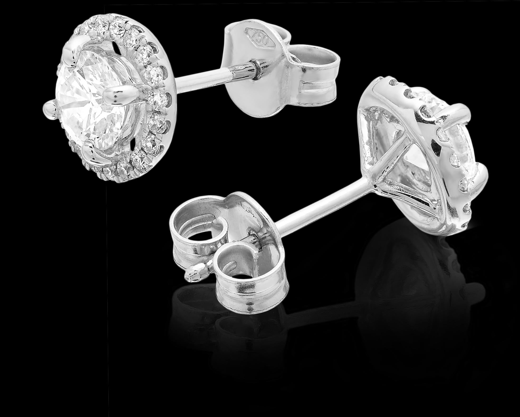 Diamant einzelner Stein Solitär Ohrstecker umgeben von Halo Cluster 1,20 Karat Ohrringe Damen im Angebot