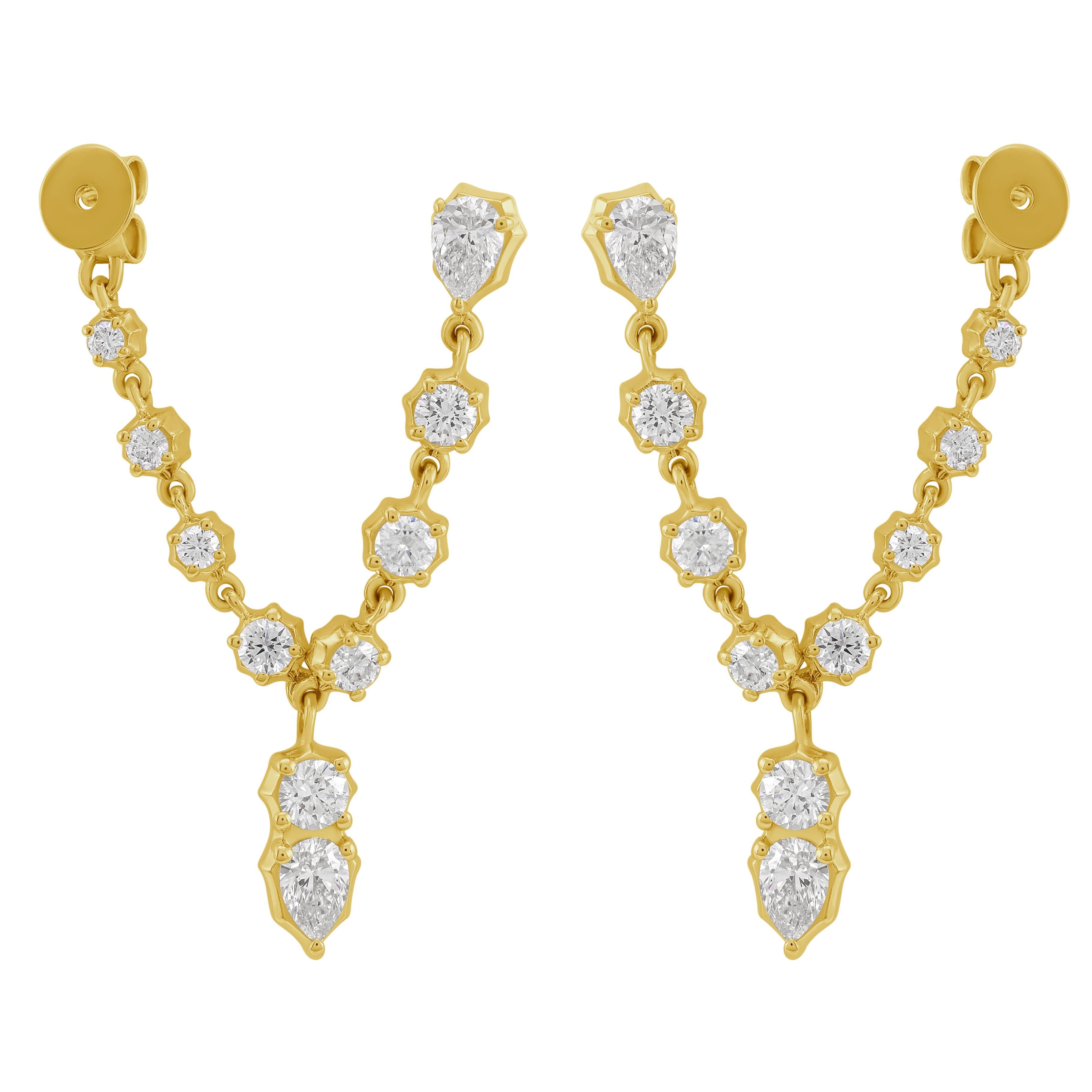 Taille mixte Boucles d'oreilles en or jaune 14k avec chaînes de diamants en vente