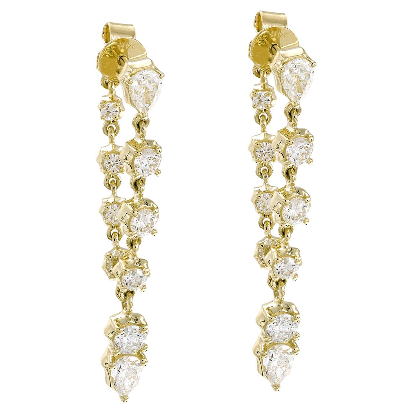 Boucles d'oreilles en or jaune 14k avec chaînes de diamants
