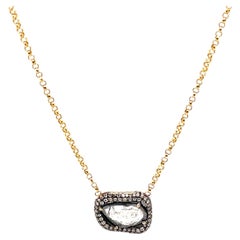 Diamond Slice Pendant Necklace with Pave Diamond Halo Yellow Gold