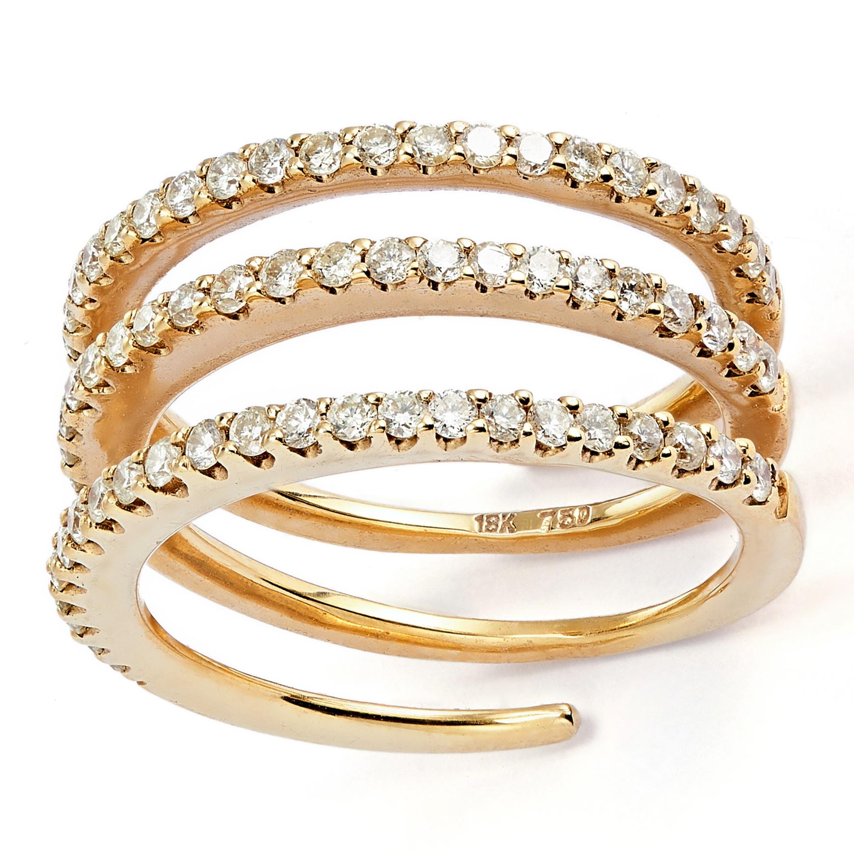 This is a ring that makes a statement during cocktail hour as it coils 3 times around the finger. A bold, yet elegant design that integrates 3 rings into 1 with the appearance of 3 simple diamond bands evenly spaced.

This 18K yellow gold pave ring