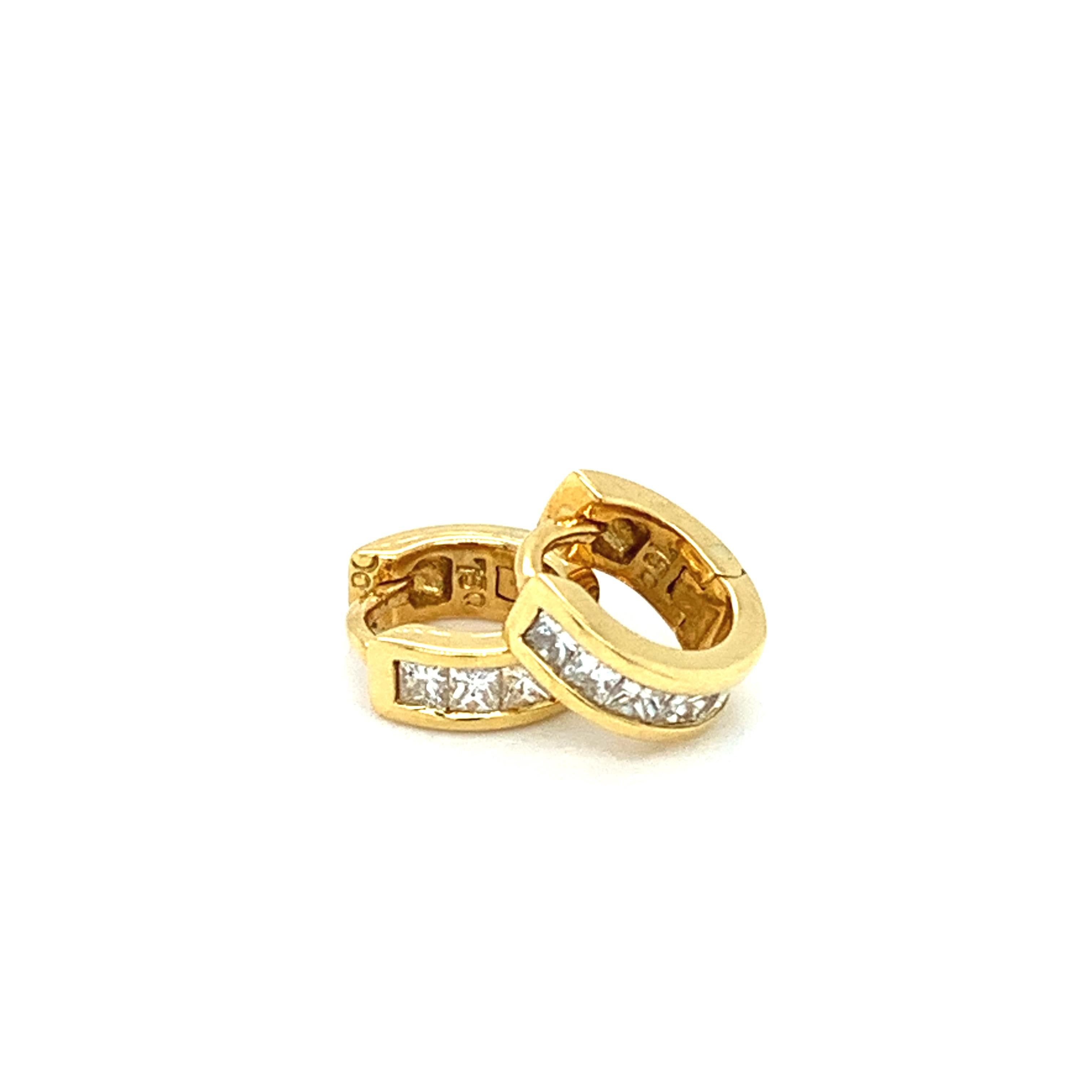 Diamond small hoop earrings 18k yellow gold
Small eternity princess cut diamond hoop earrings clip on post settings
Hallmarked
Diamond princess shaped total weight F colour VS1 clarity 
Measurements width approx 10mm. thickness 3mm
Accompanied with