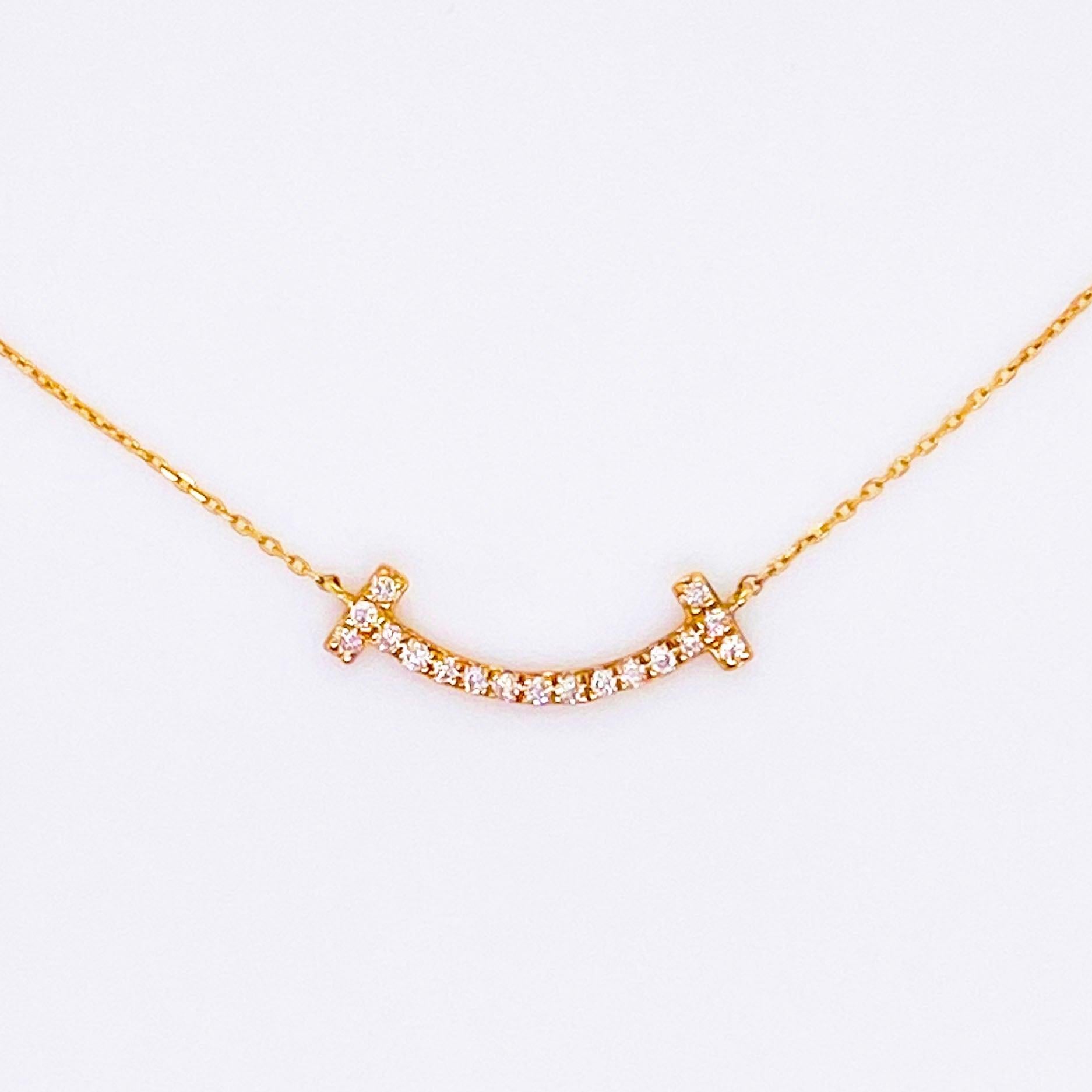 Round Cut Diamond Smile Necklace, 18 Karat Yellow Gold Pave Diamond Smile Pendant