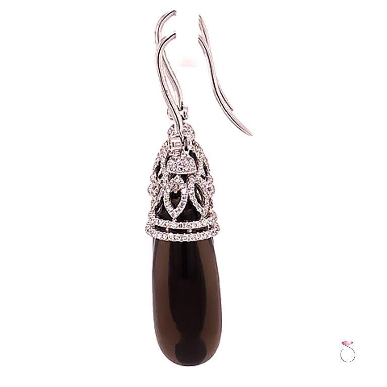 Diamond and Smoky Quartz Large Drop Earrings, 18 Karat White Gold In New Condition For Sale In Honolulu, HI
