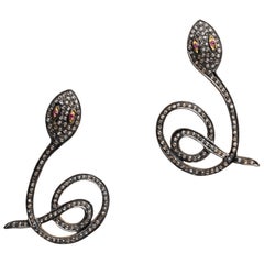 Diamond Snake Drop Earrings with Ruby Eyes