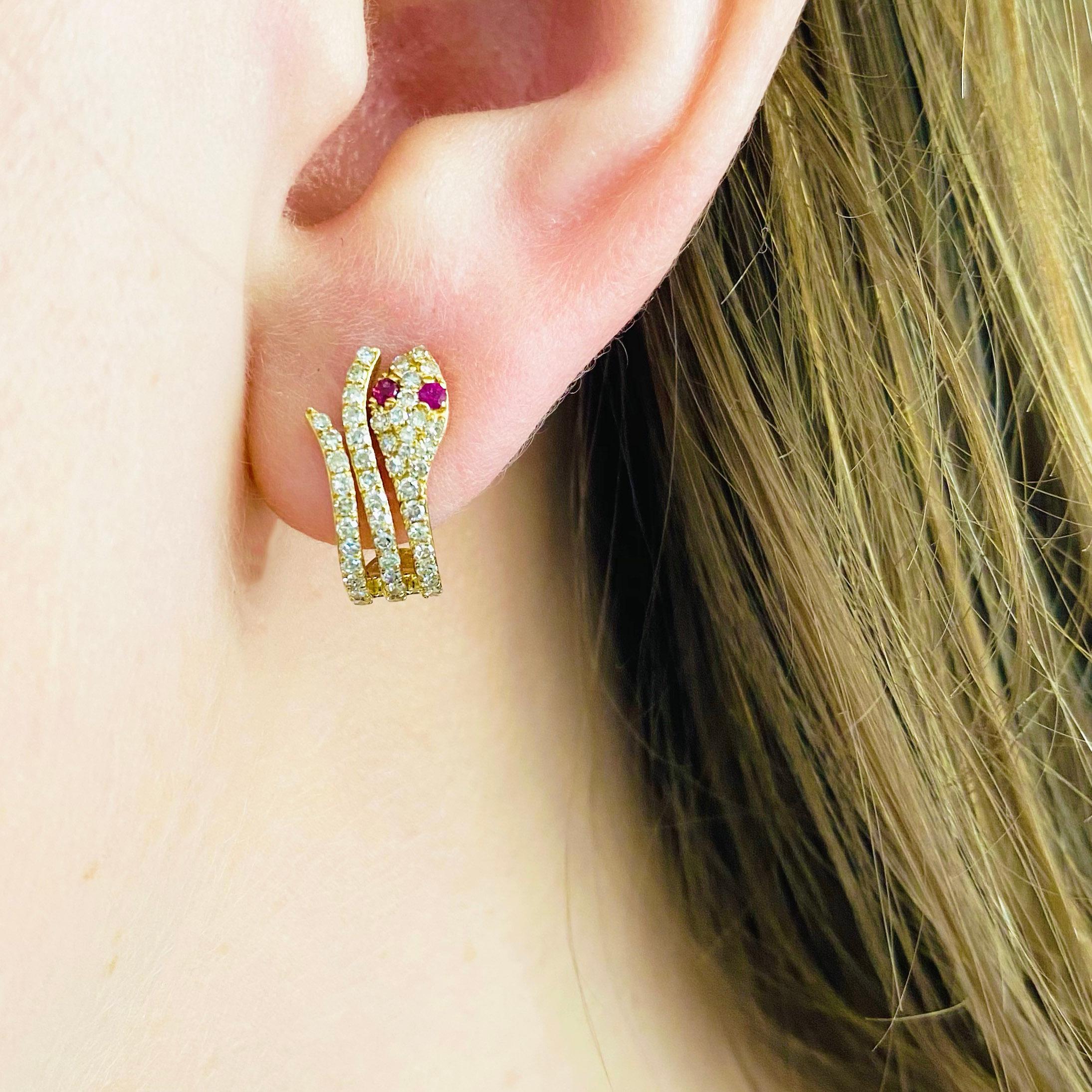 How adorable are these snake earring studs? These dainty diamond and ruby snake earrings are so much fun to wear and so adorable! They add character to every attire! The dainty serpent earrings have round brilliant diamonds pave set on the top on