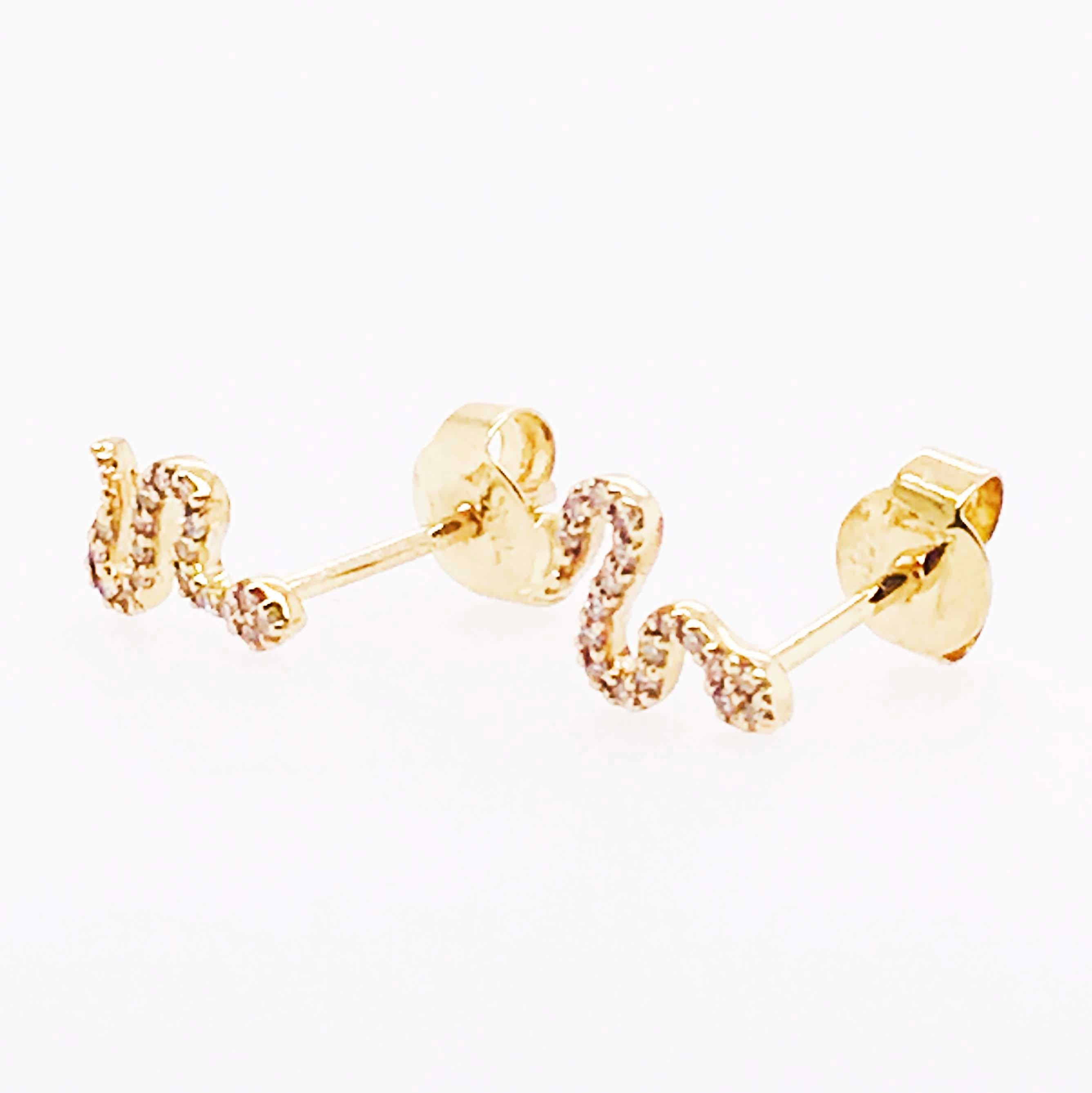 Round Cut Diamond Snake Earrings, Pave Diamond Serpent Earring Studs in Yellow Gold