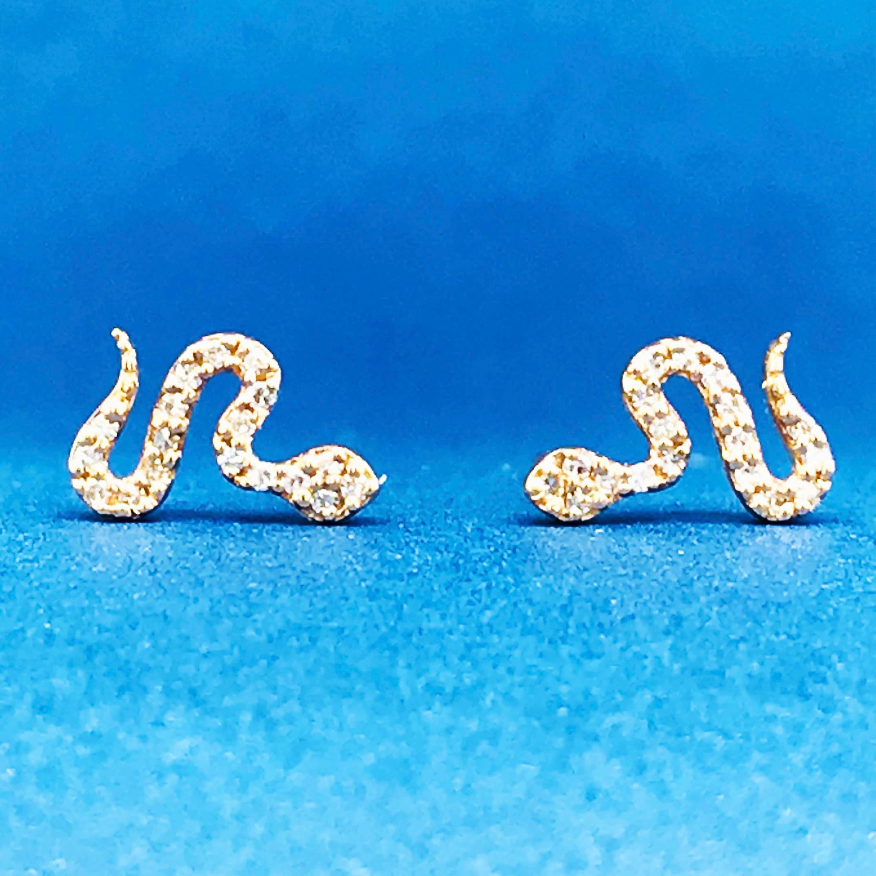 Diamond Snake Earrings, Pave Diamond Serpent Earring Studs in Yellow Gold In New Condition In Austin, TX