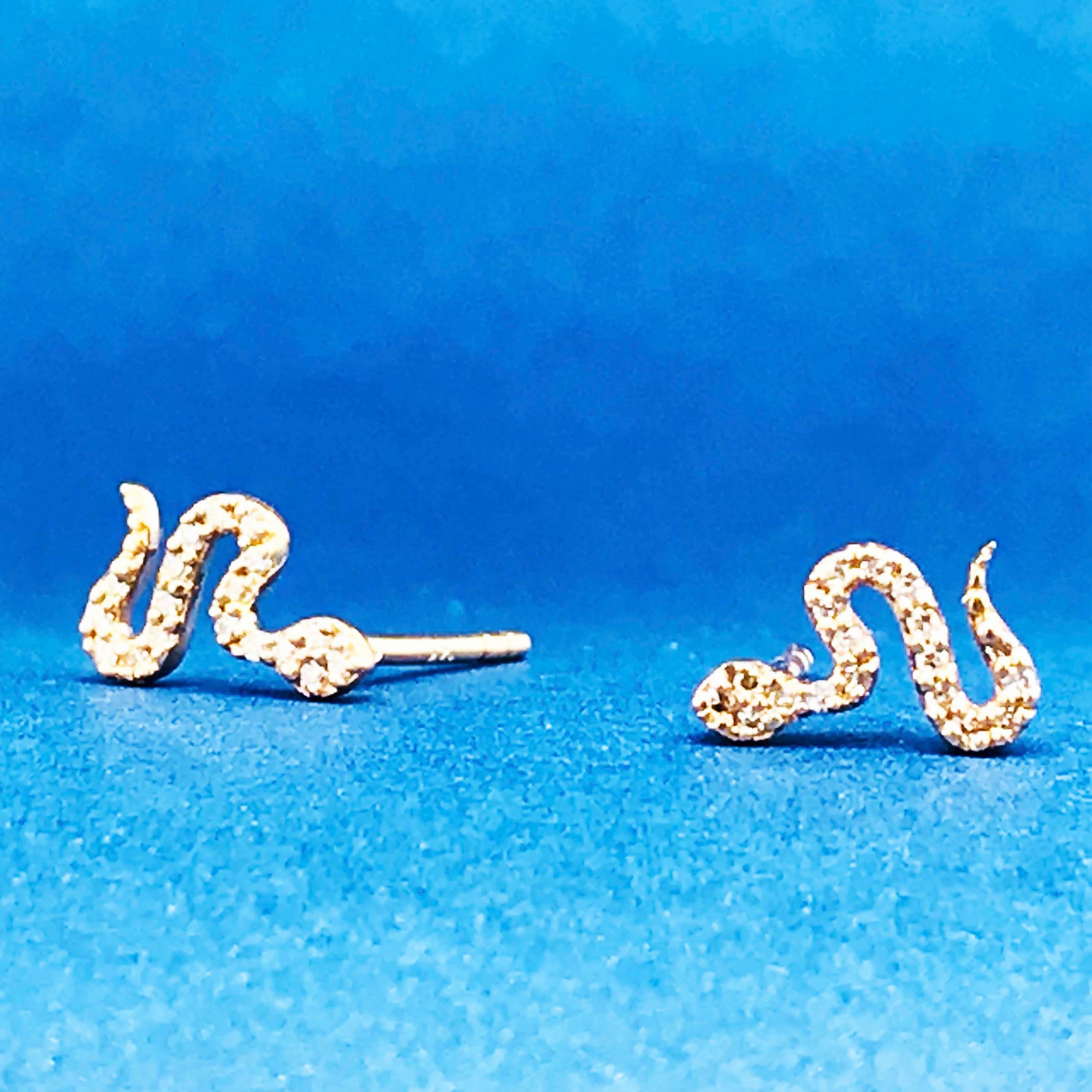 Women's Diamond Snake Earrings, Pave Diamond Serpent Earring Studs in Yellow Gold