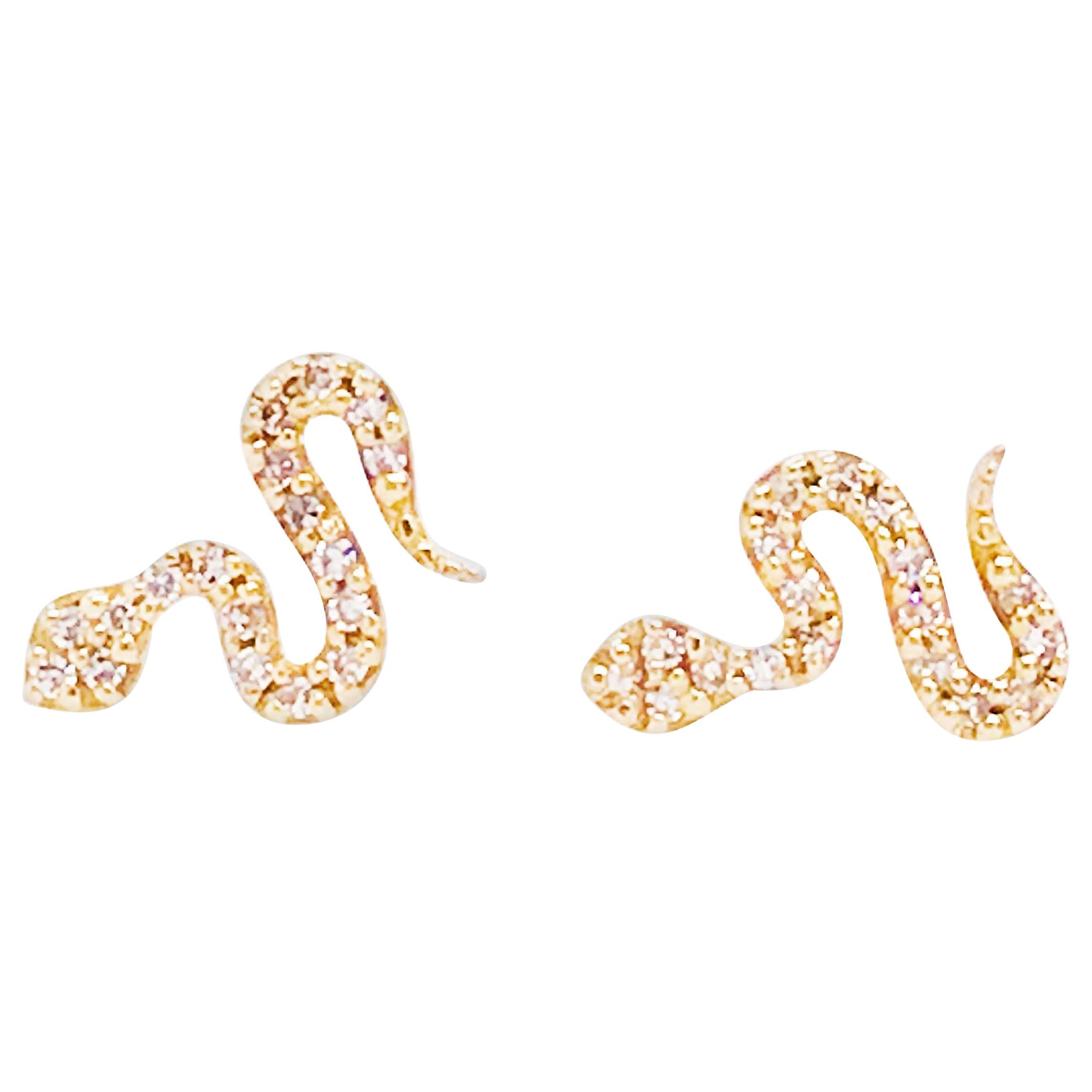 Diamond Snake Earrings, Pave Diamond Serpent Earring Studs in Yellow Gold