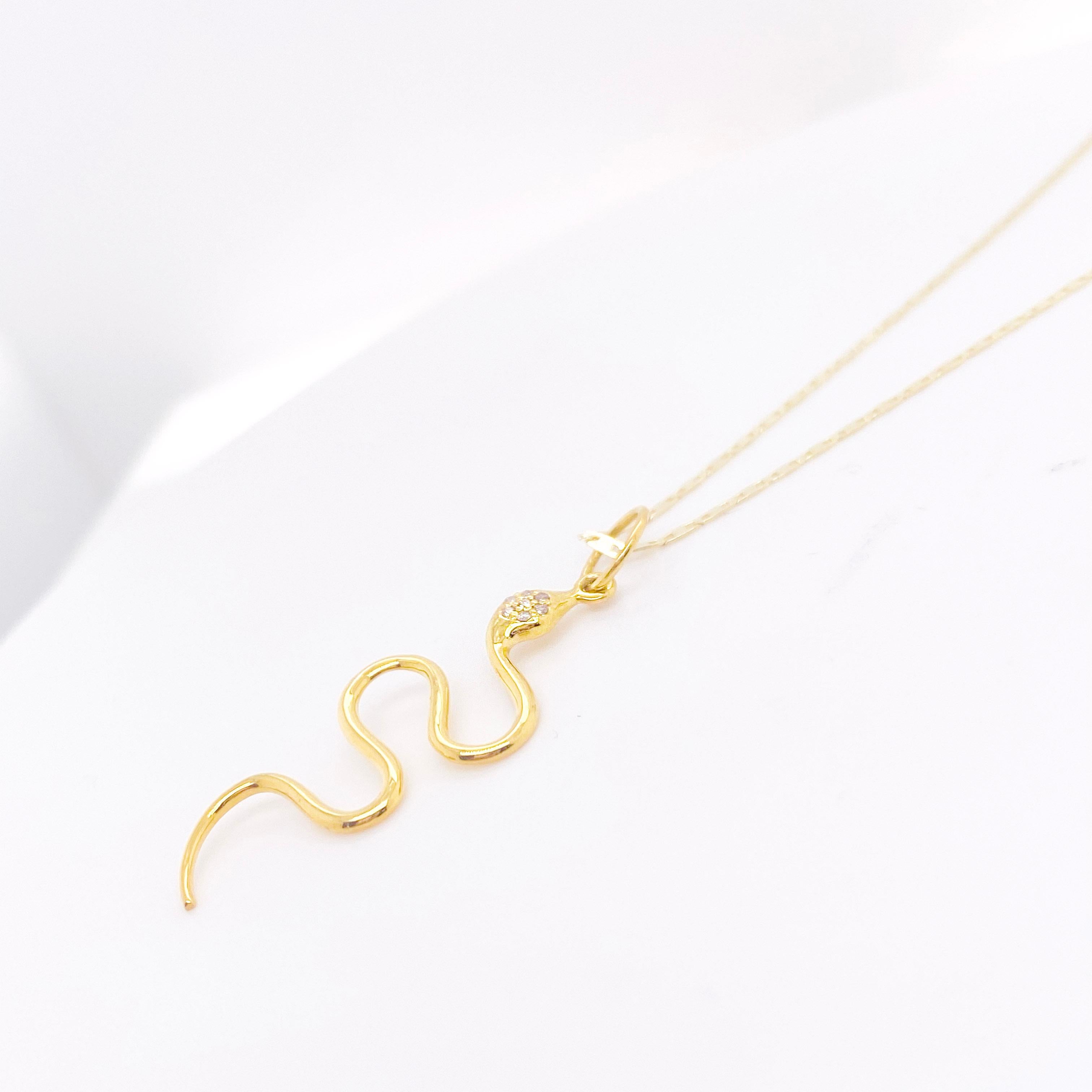 Contemporary Diamond Snake Necklace, Yellow Gold, Serpent Pendant Necklace, 7 Diamond Snake