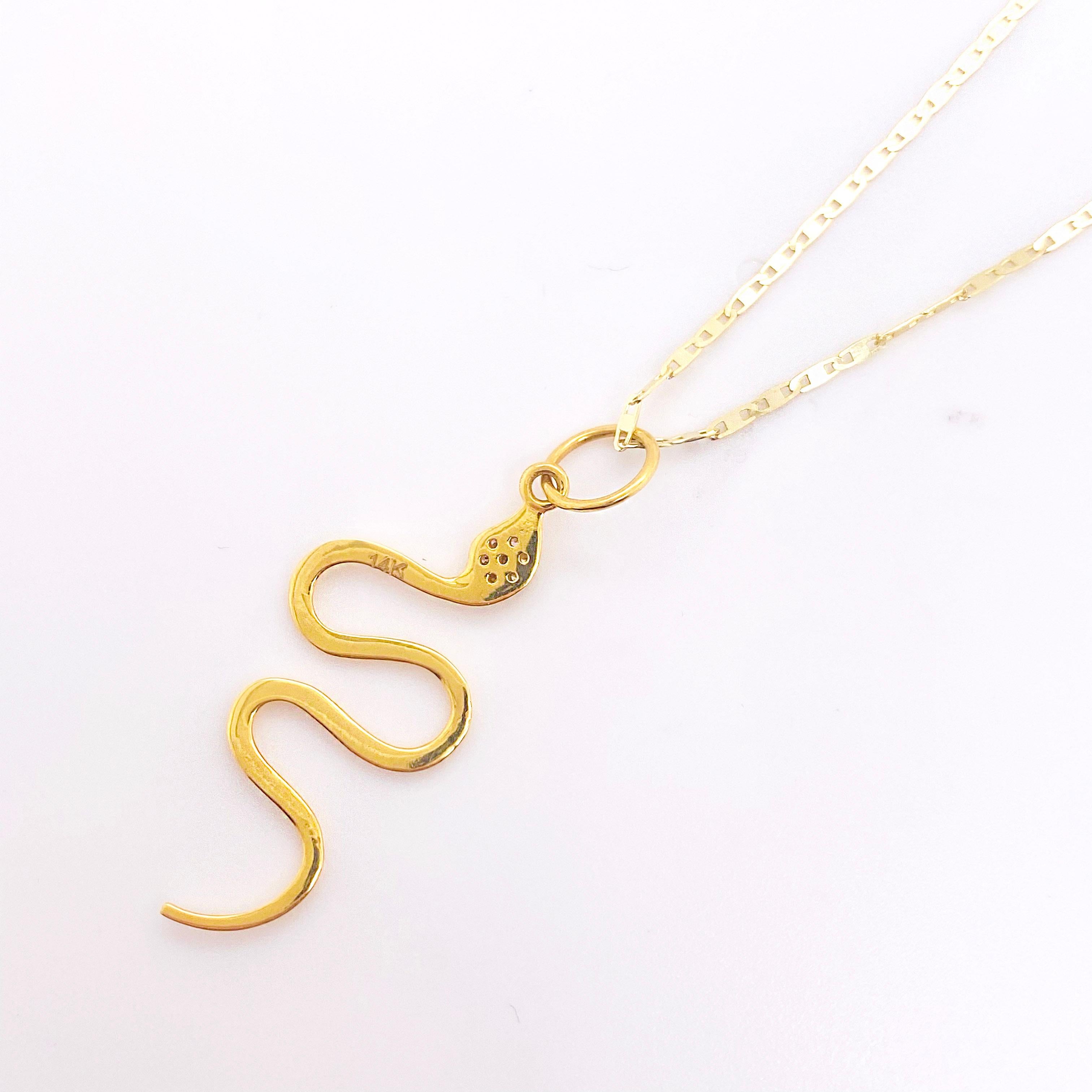 Round Cut Diamond Snake Necklace, Yellow Gold, Serpent Pendant Necklace, 7 Diamond Snake