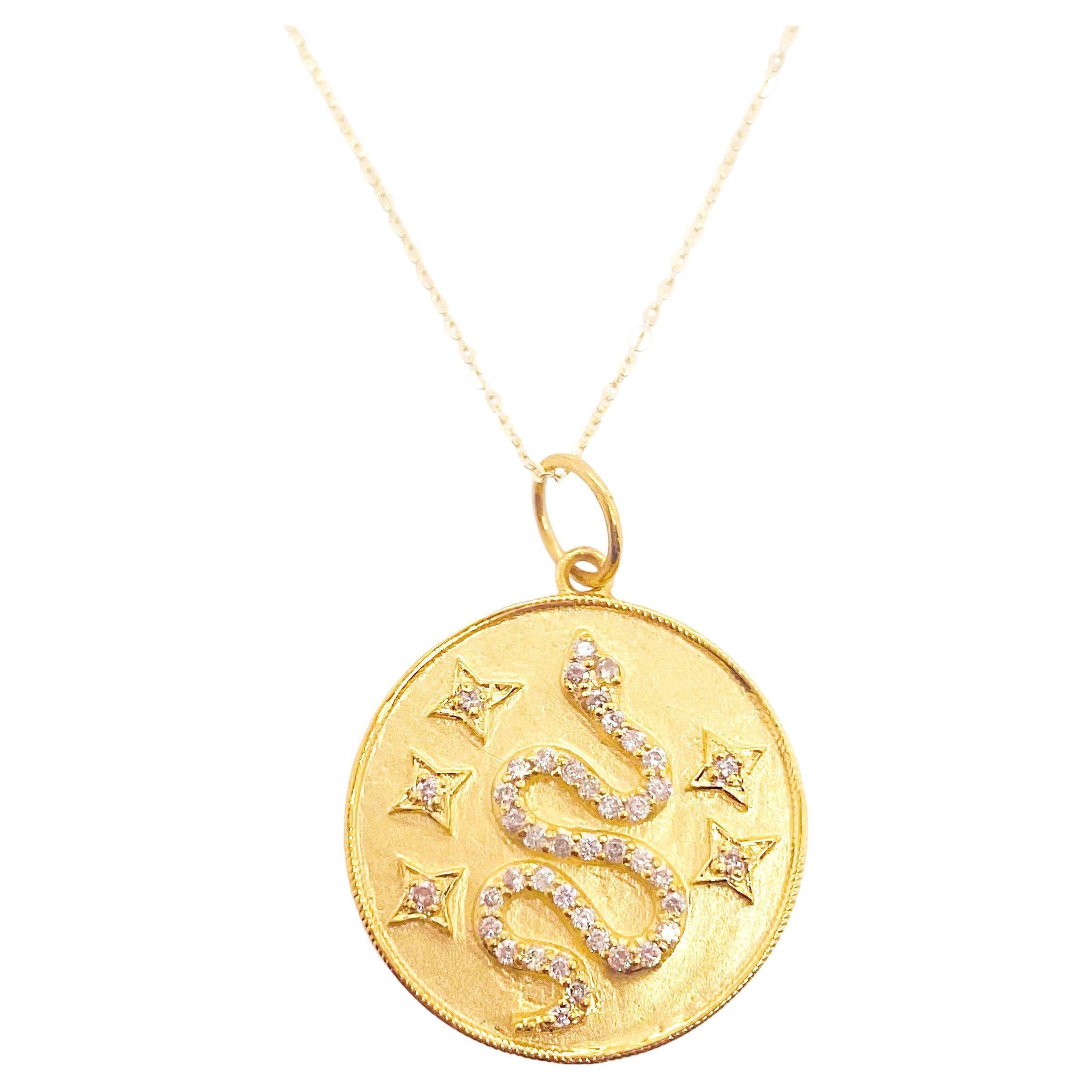 Serpent Snake Necklace, Diamonds in Yellow Gold, Snake Disk Pendant Necklace For Sale
