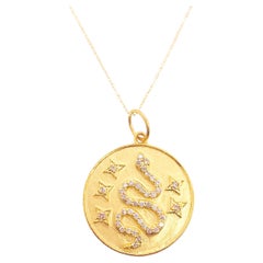 Serpent Snake Necklace, Diamonds in Yellow Gold, Snake Disk Pendant Necklace