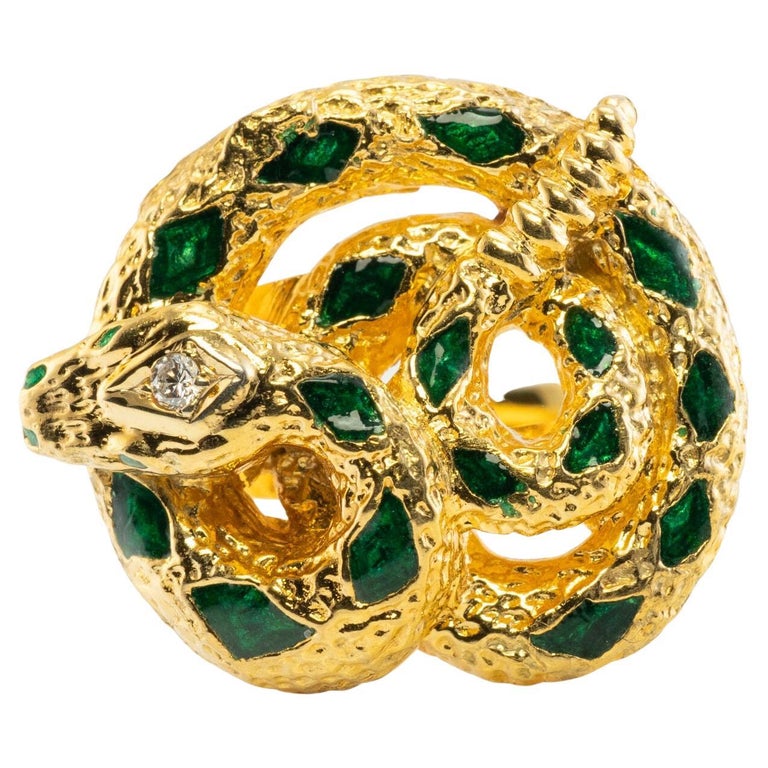 Diamond Snake Ring Enamel 18K Gold Band Vintage Estate For Sale at 1stDibs