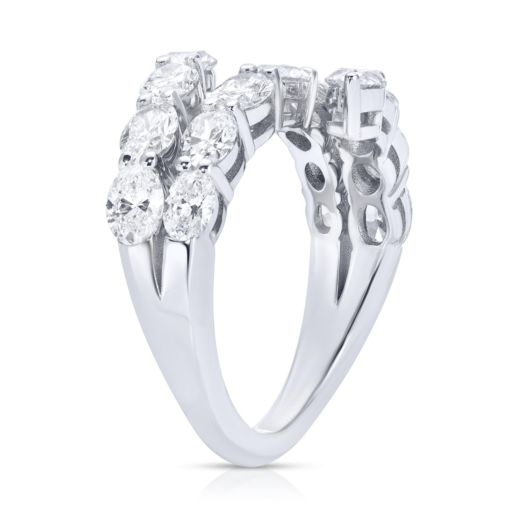 Mixed Cut Diamond Snake Ring Three Rows Bypass 2.7 Carats Total 18K White Gold For Sale