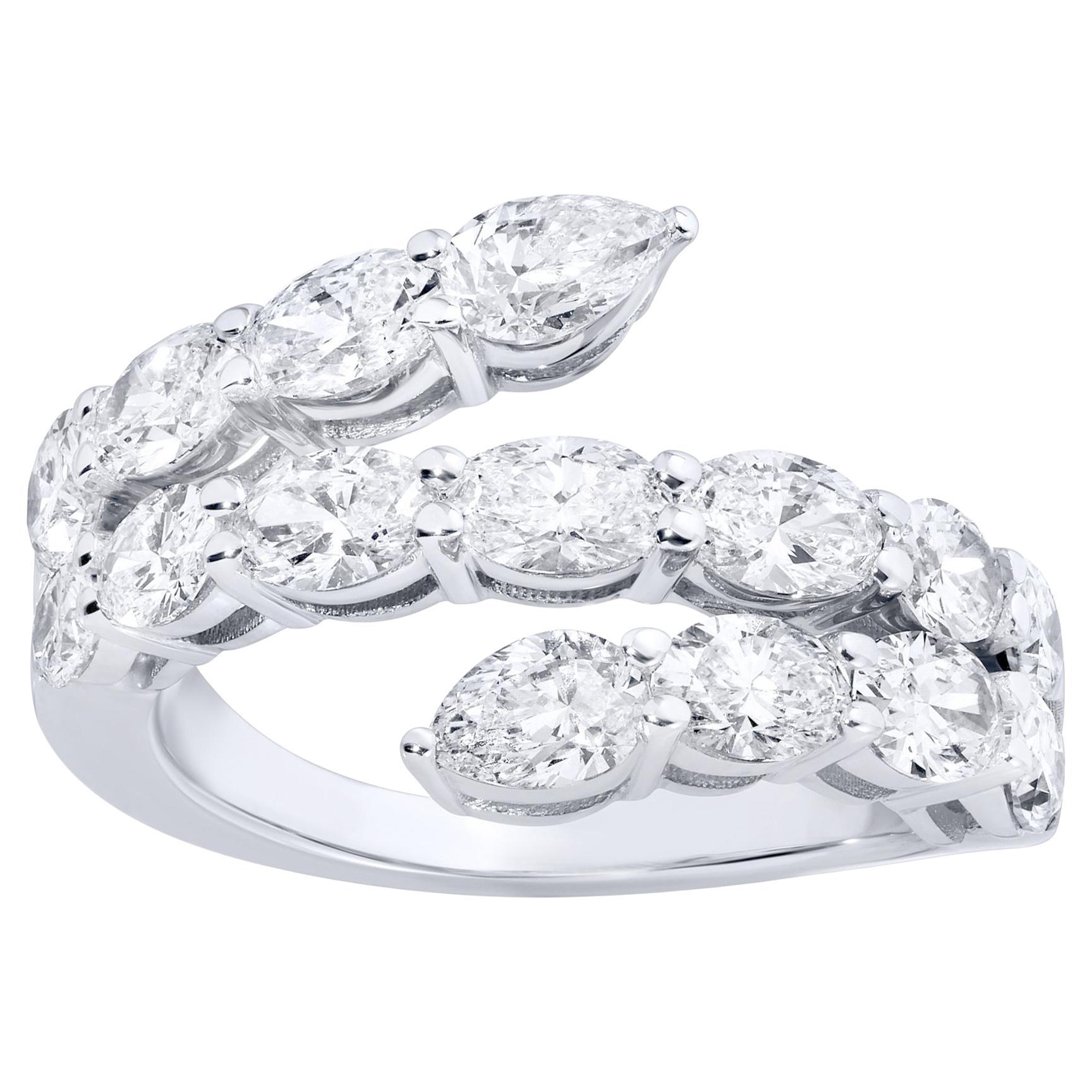Diamond Snake Ring Three Rows Bypass 2.7 Carats Total 18K White Gold