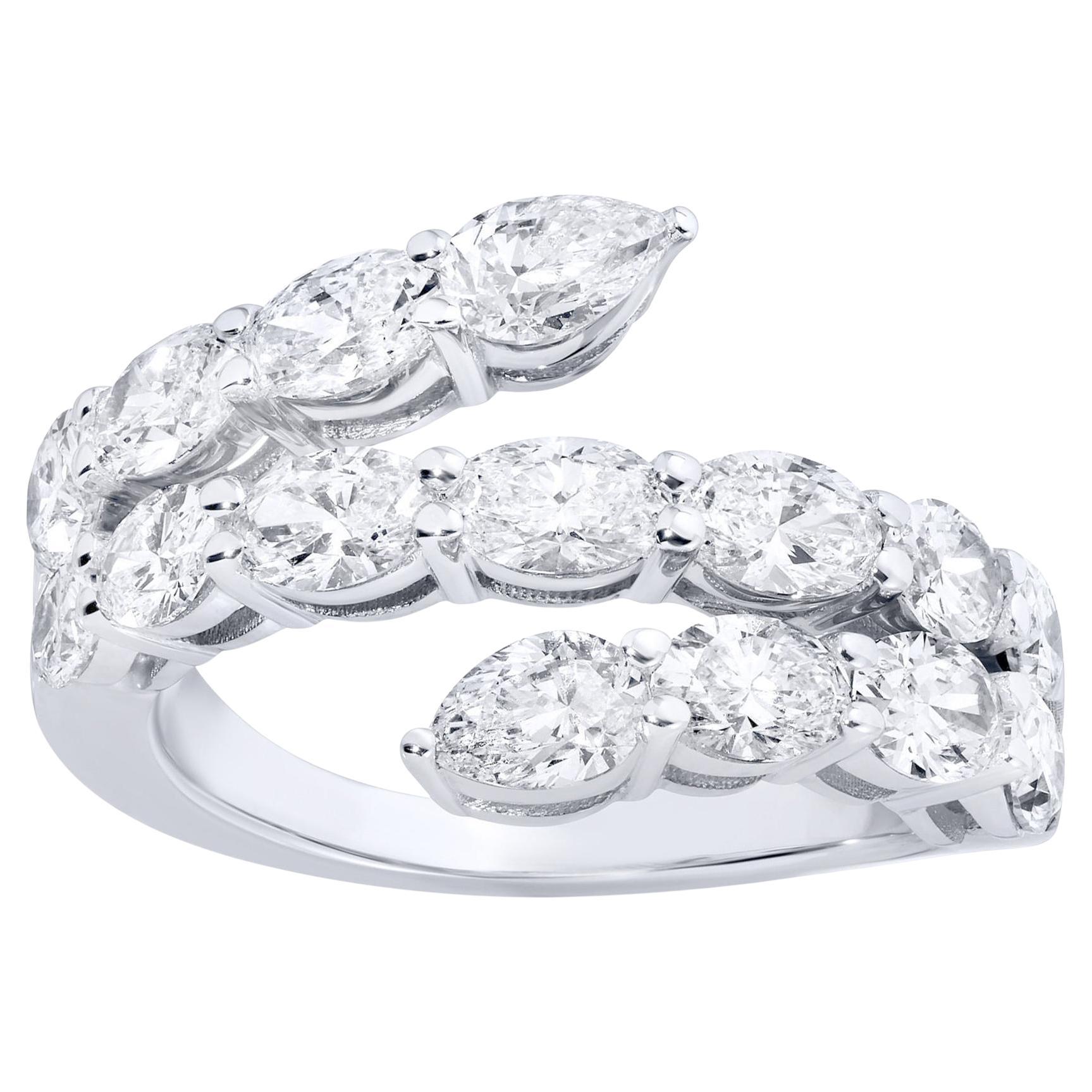 Diamond Snake Ring Three Rows Bypass 2.7 Carats Total 18K White Gold