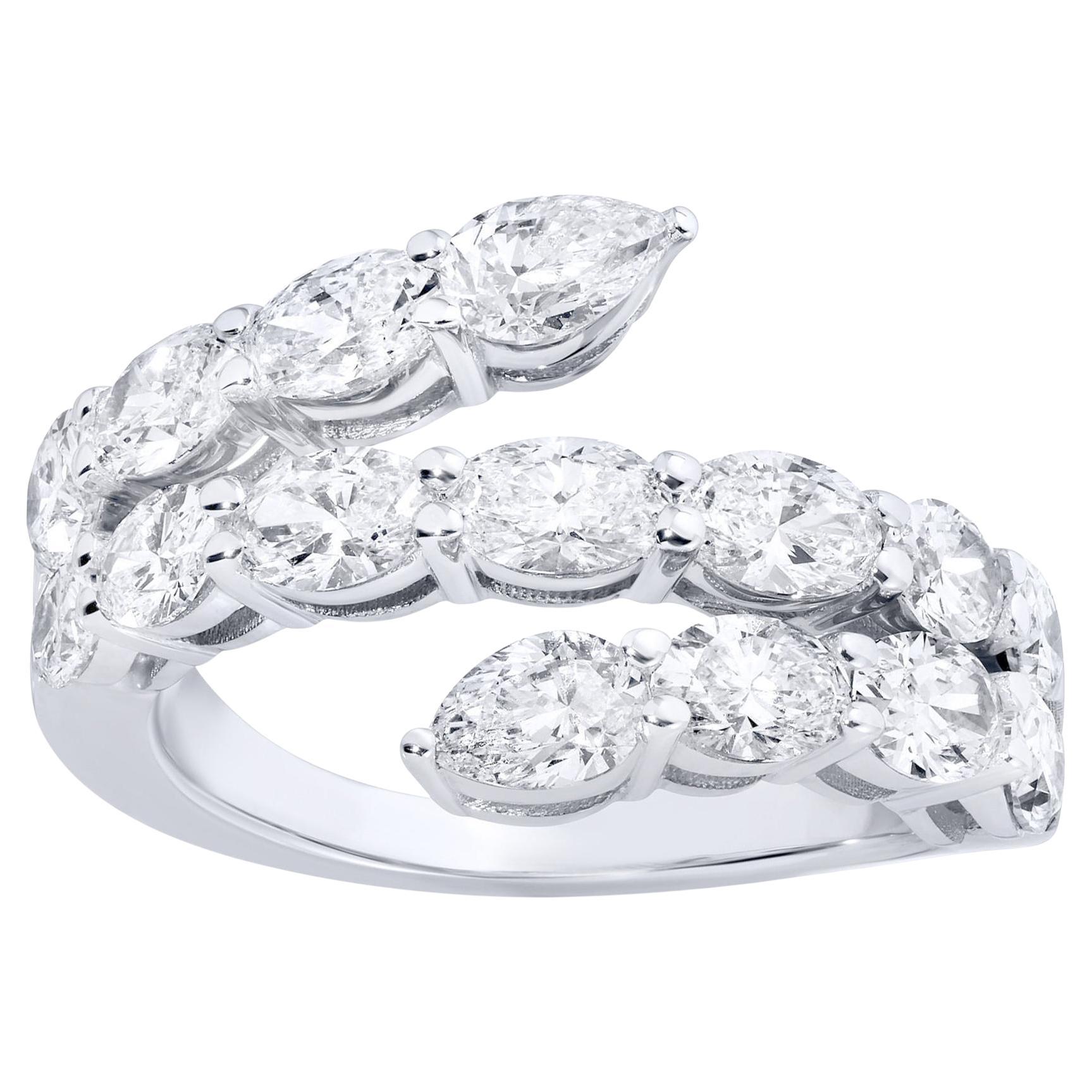 Diamond Snake Ring Three Rows Bypass 2.7 Carats Total 18K White Gold For Sale