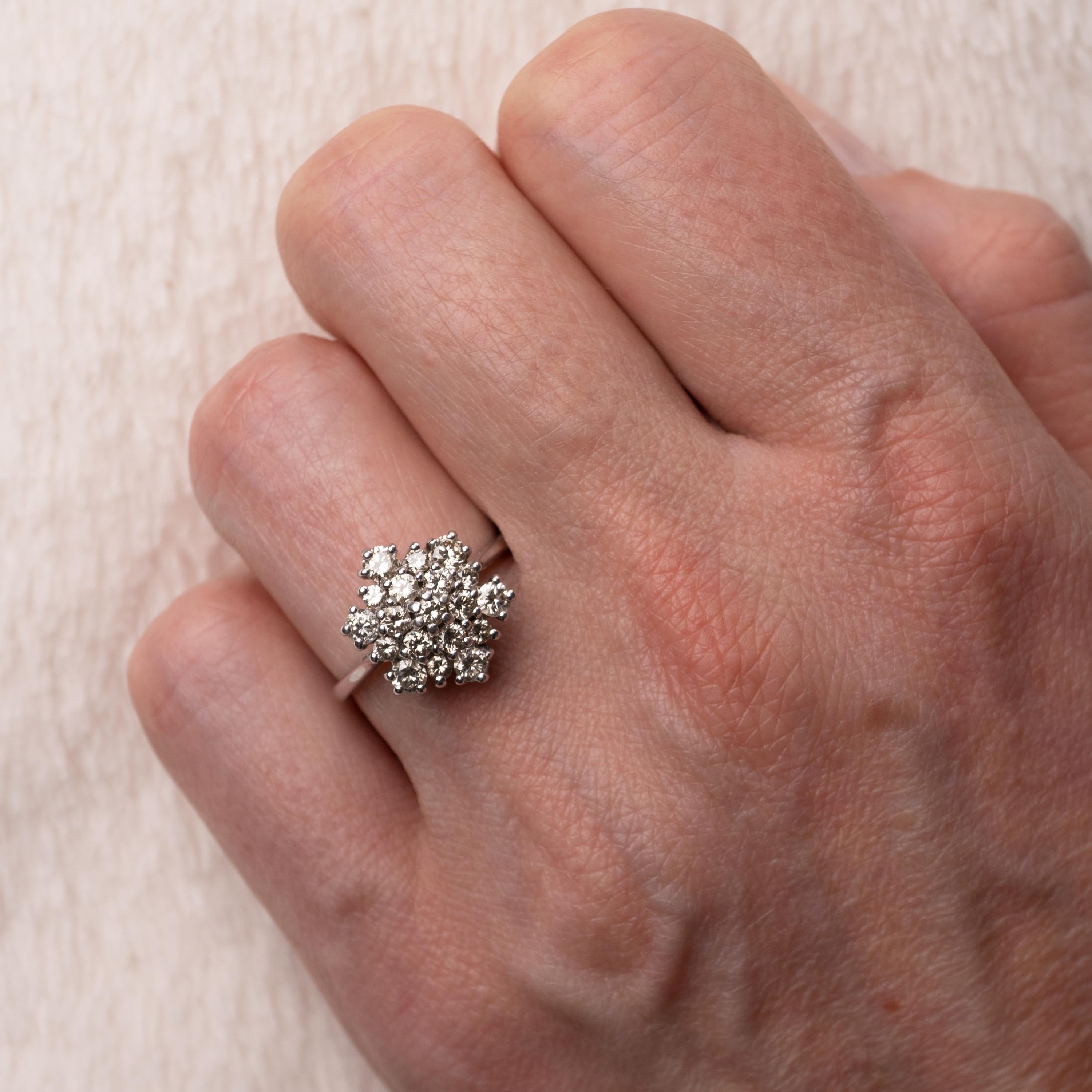 Round Cut Diamond Snowflake Cluster Ring, 18 Karat White Gold