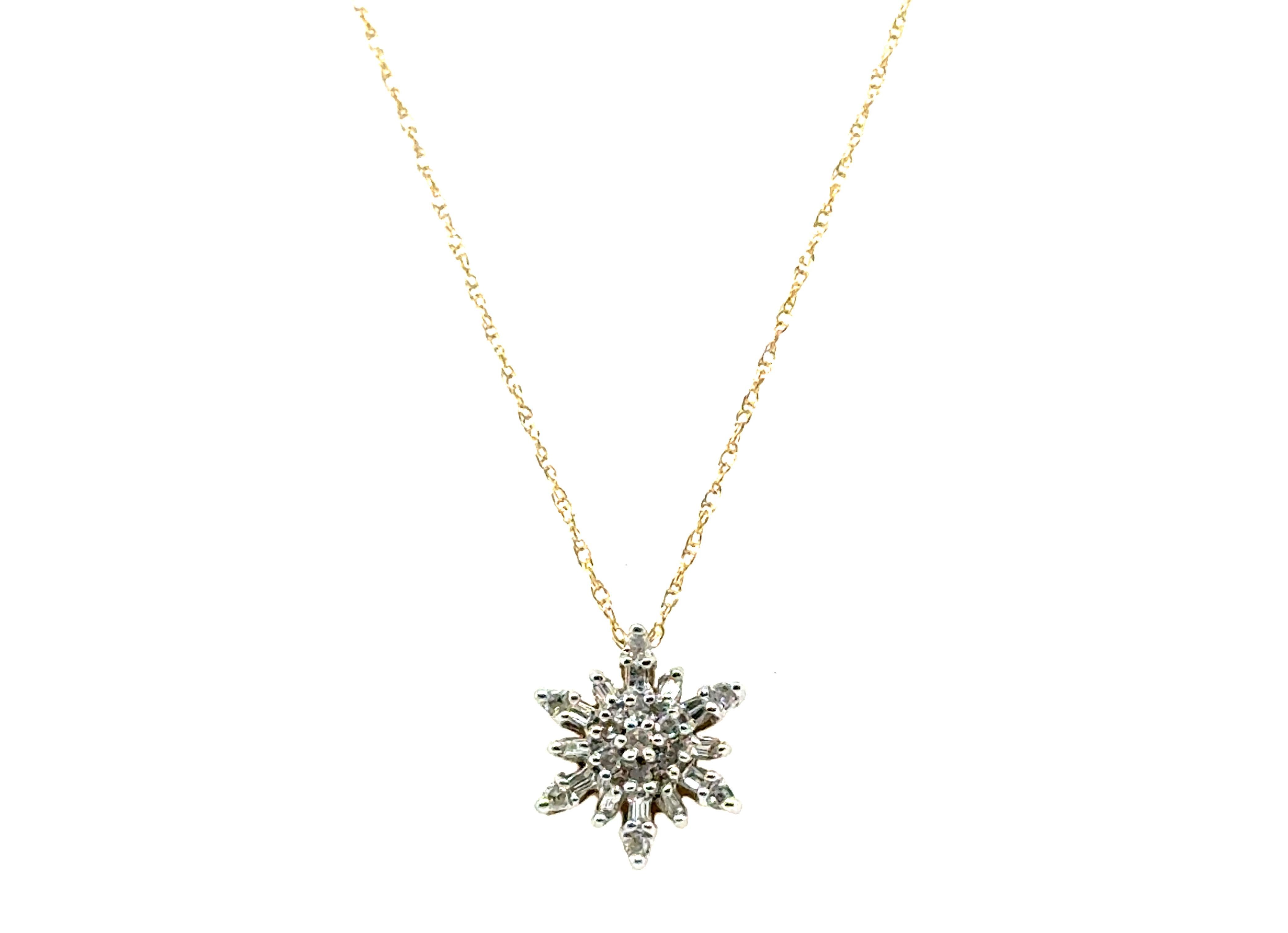 Collana con ciondolo a forma di fiocco di neve in oro giallo coniato da 0,25 ct.



Bellissimo ciondolo con fiocco di neve e diamanti a grappolo 

Circa 100 dollari di solo valore dell'oro

Oro giallo 10K

100% Diamanti naturali

.25 Carati di