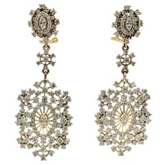 Vintage Diamond Snowflake Dangle Drop Earrings 14 Karat White Yellow Gold