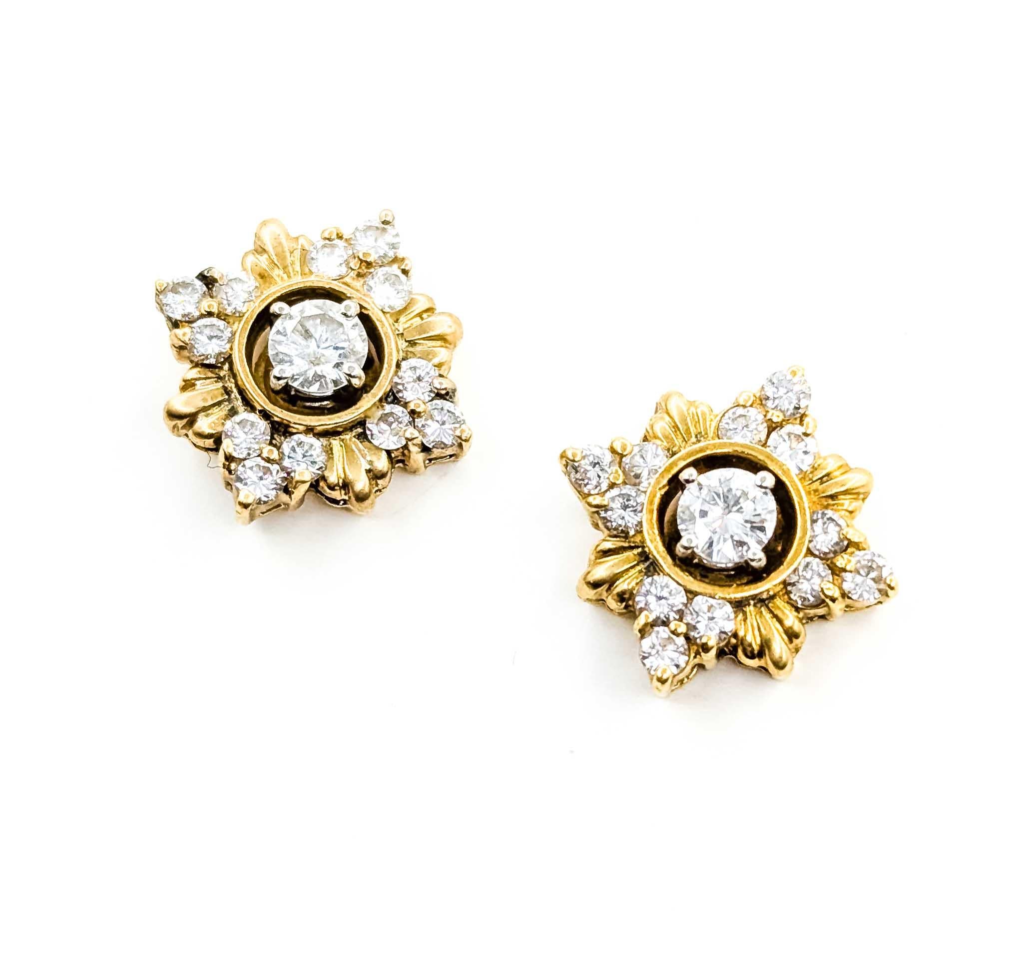 Round Cut Diamond Snowflake Earrings in 18k Yellow Gold For Sale
