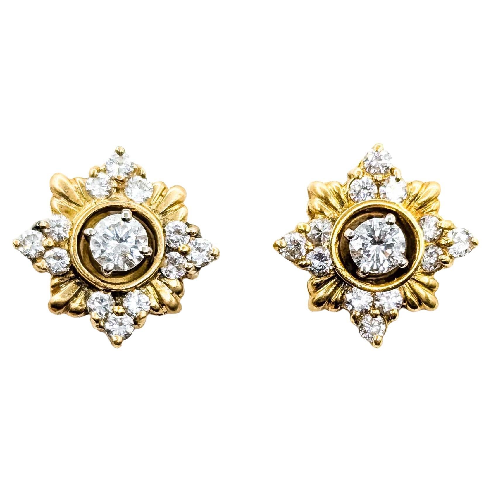 Diamond Snowflake Earrings in 18k Yellow Gold For Sale