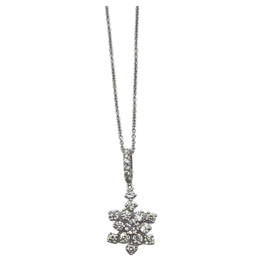 Diamond Snowflake Floral Flower Symbol Motif 14K White Gold Pendant Chain Neckla