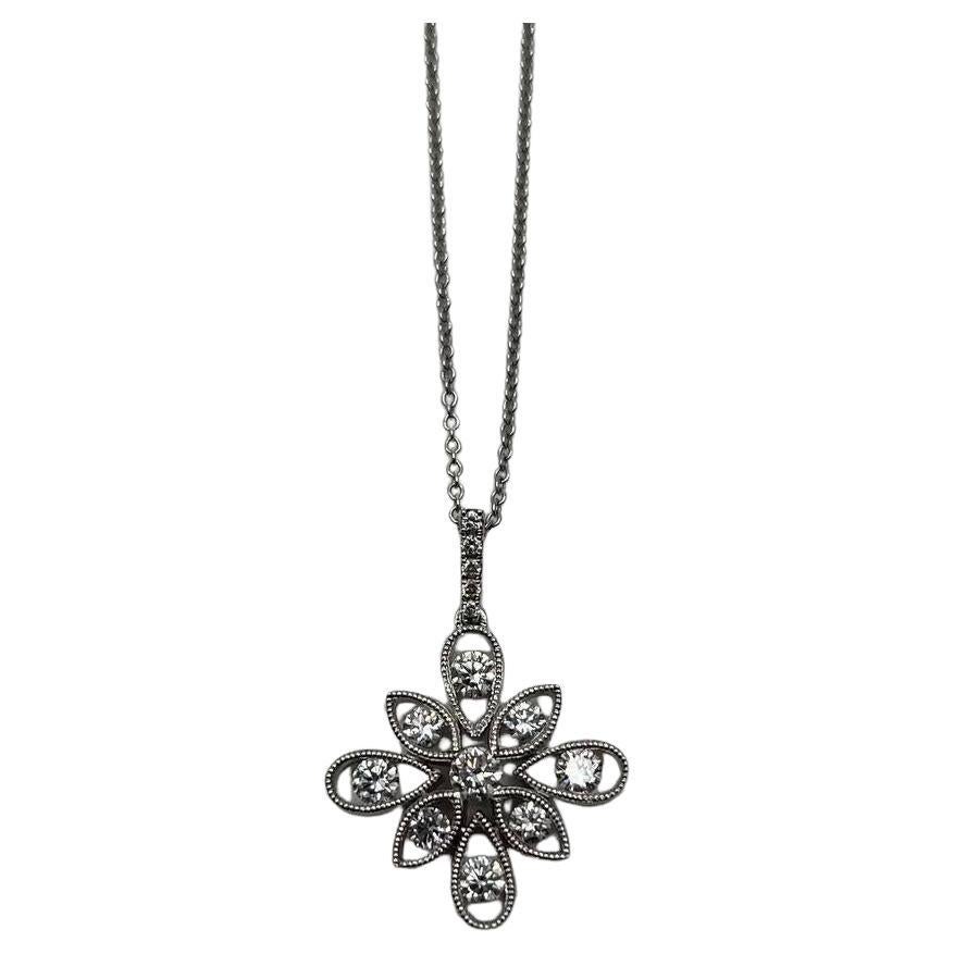 Diamond Snowflake Floral Flower Symbol Motif White Gold Pendant Chain Necklace For Sale