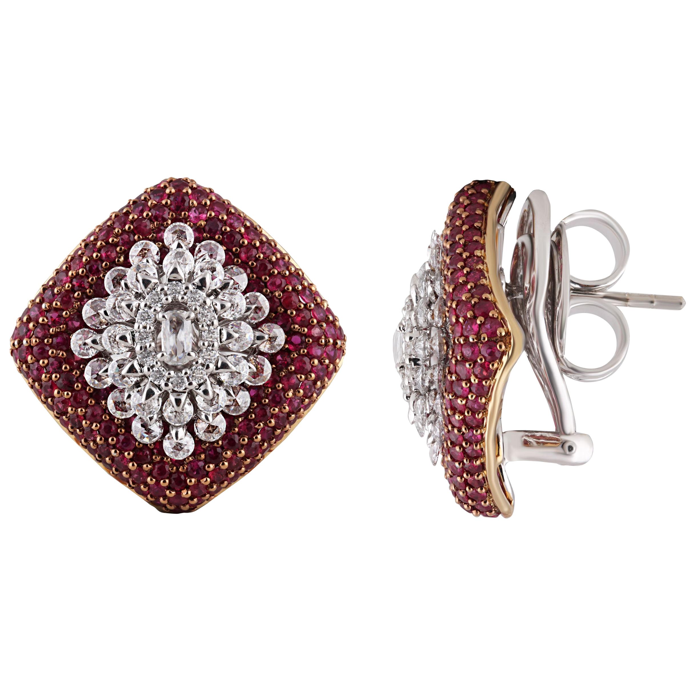 Studio Rêves Diamond Snowflake Stud Earrings with a Bed of Rubies in 18K Gold For Sale