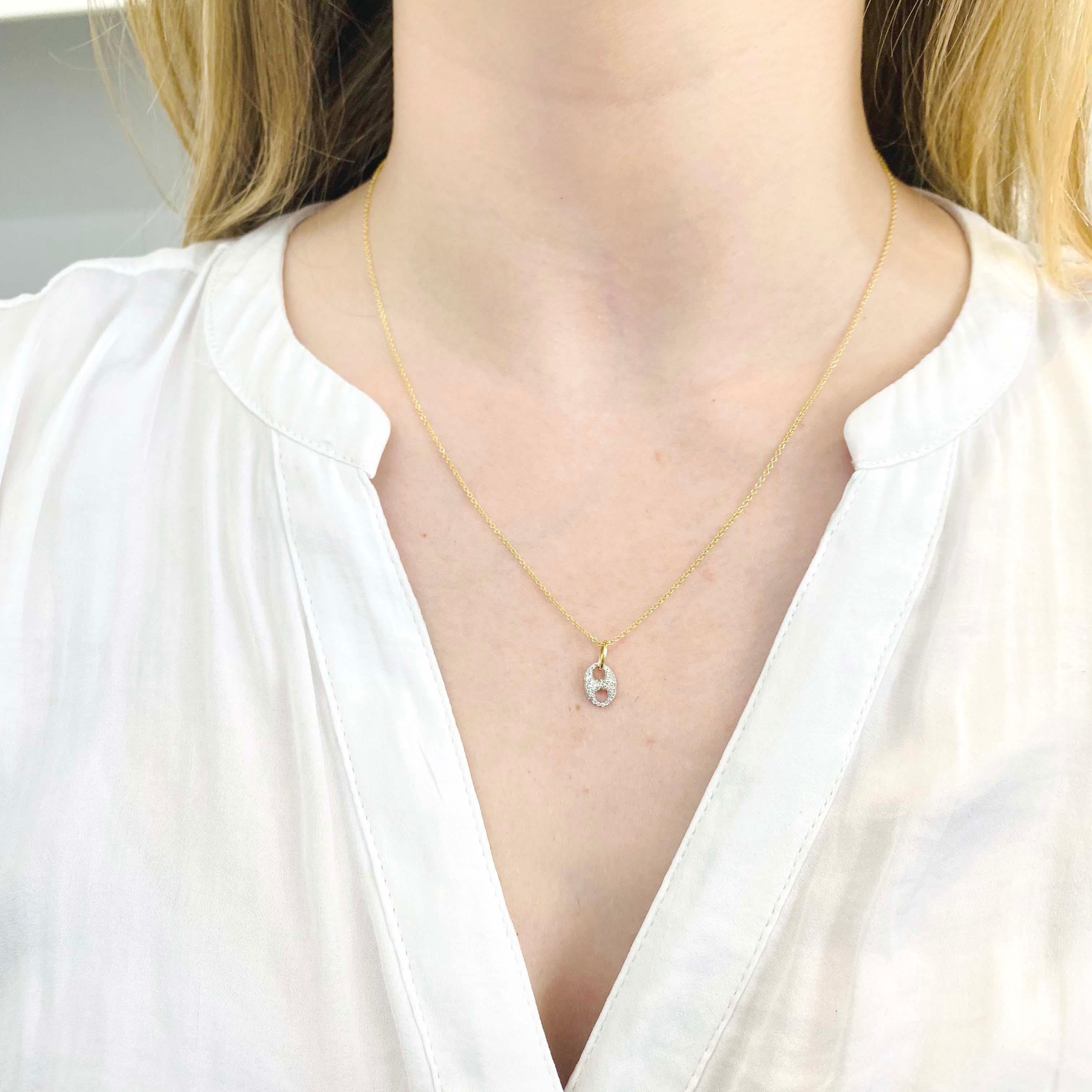 This new design can enhance any outfit. The necklace works great with other necklaces, and since it has mixed metals, it looks beautiful with white to yellow gold. Its simple look also can create a dainty look on its own. The details for this