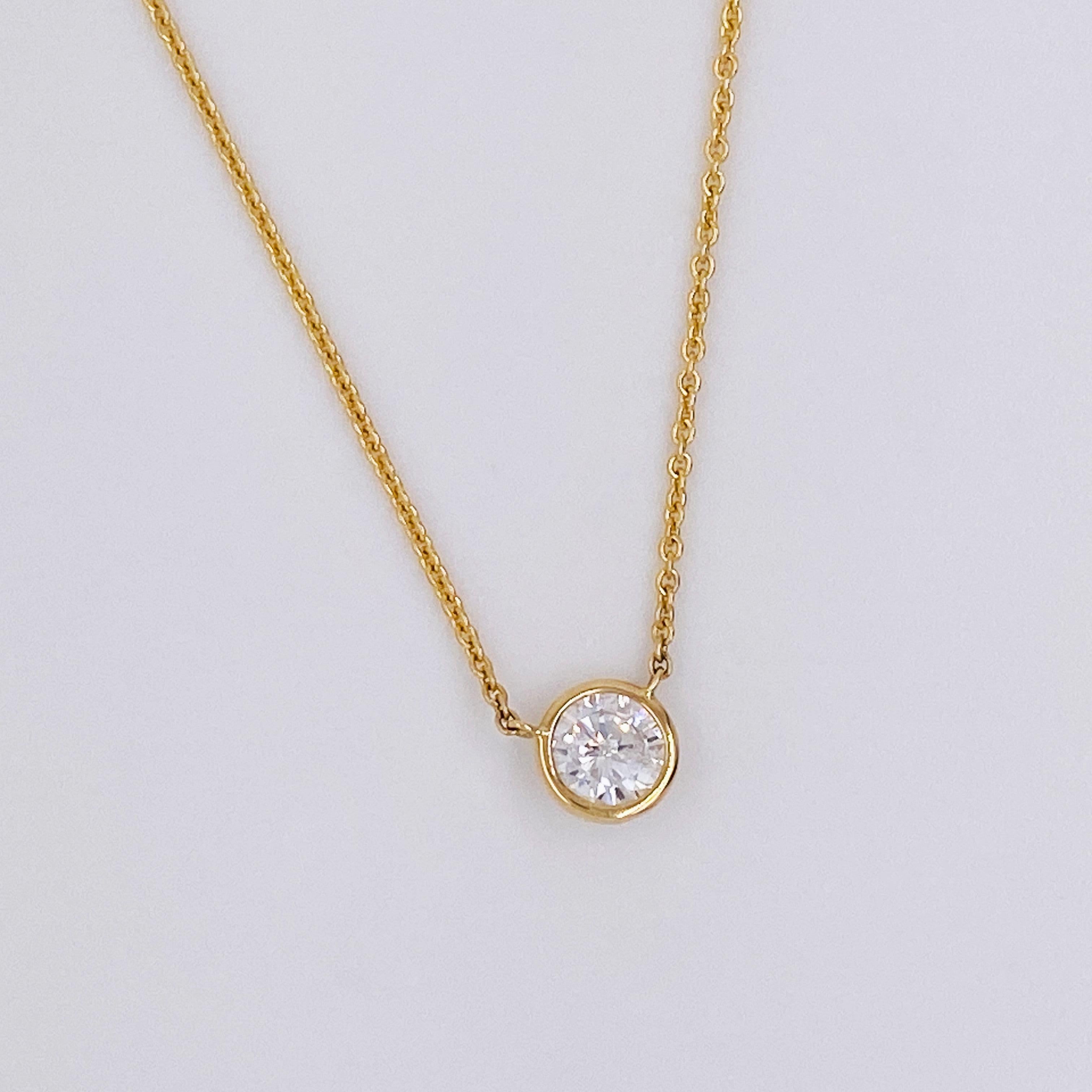 Contemporary Diamond Solitaire 1/2 Carat Necklace .50 Carats in 14K Yellow Gold Stackable  LV For Sale