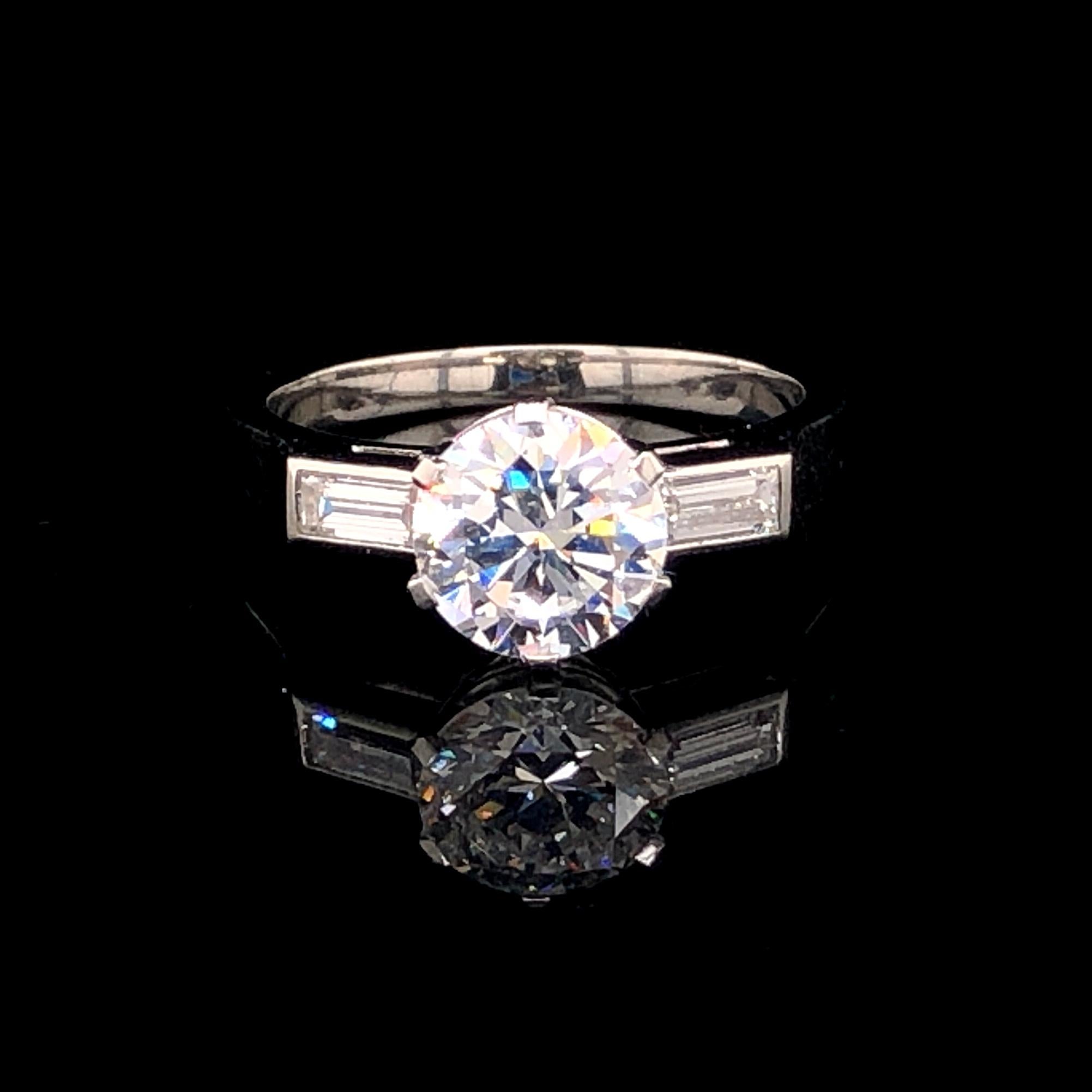 Diamond Solitaire, 1.59ct D-VS2, GIA, & 2 Baguette Ring For Sale 2