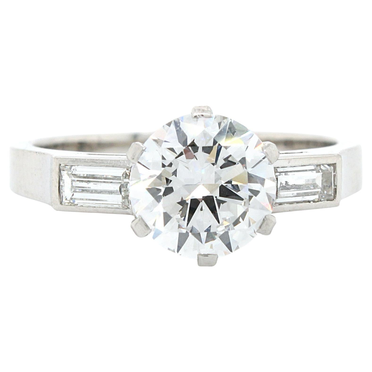 Diamond Solitaire, 1.59ct D-VS2, GIA, & 2 Baguette Ring For Sale