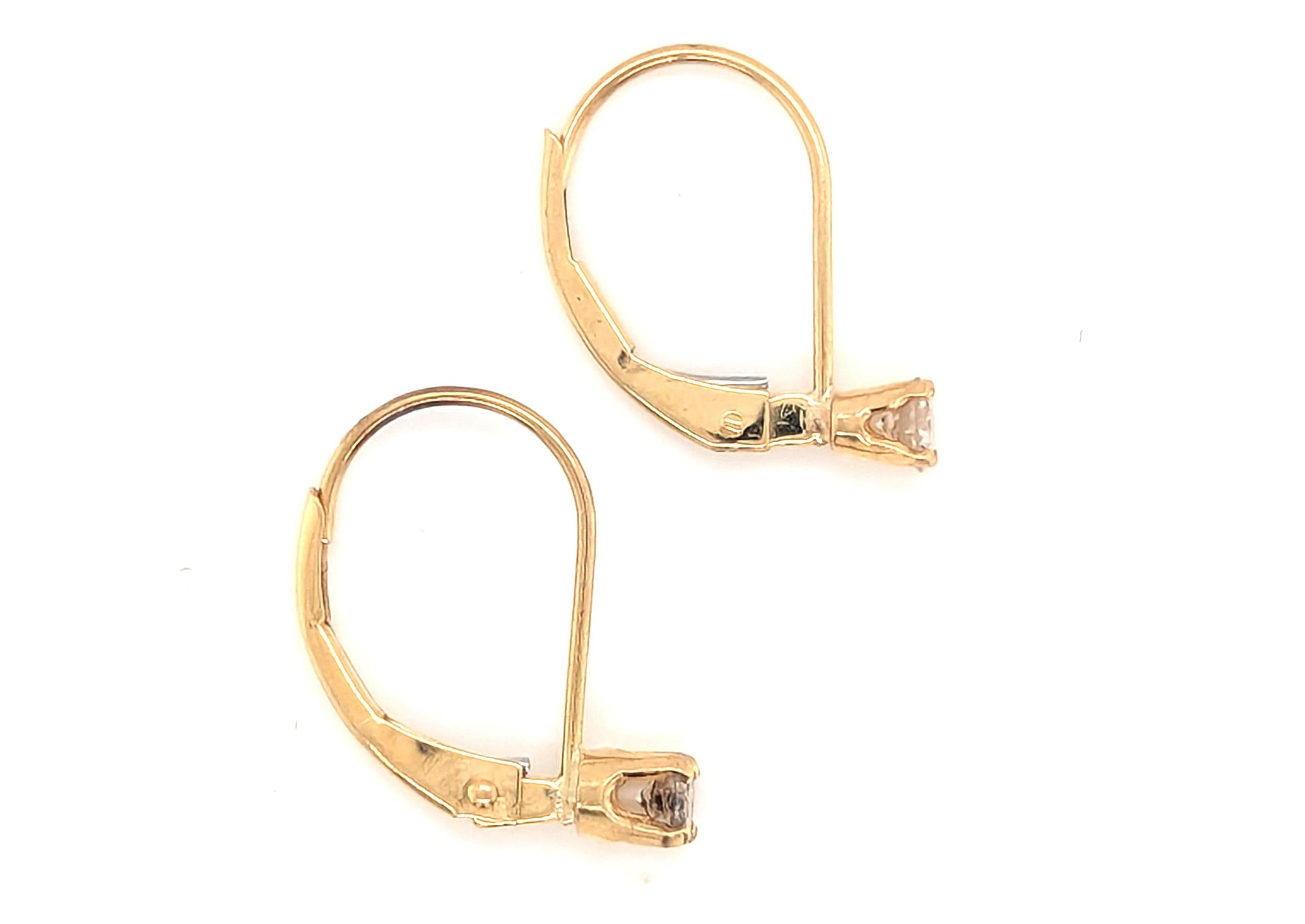 Round Cut Diamond Solitaire Earrings Mined .20ct Round Brilliant 14K Yellow Gold Leverback For Sale