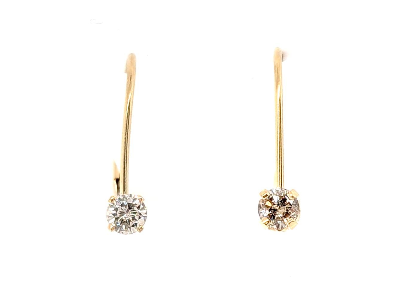 Diamond Solitaire Earrings Mined .20ct Round Brilliant 14K Yellow Gold Leverback
