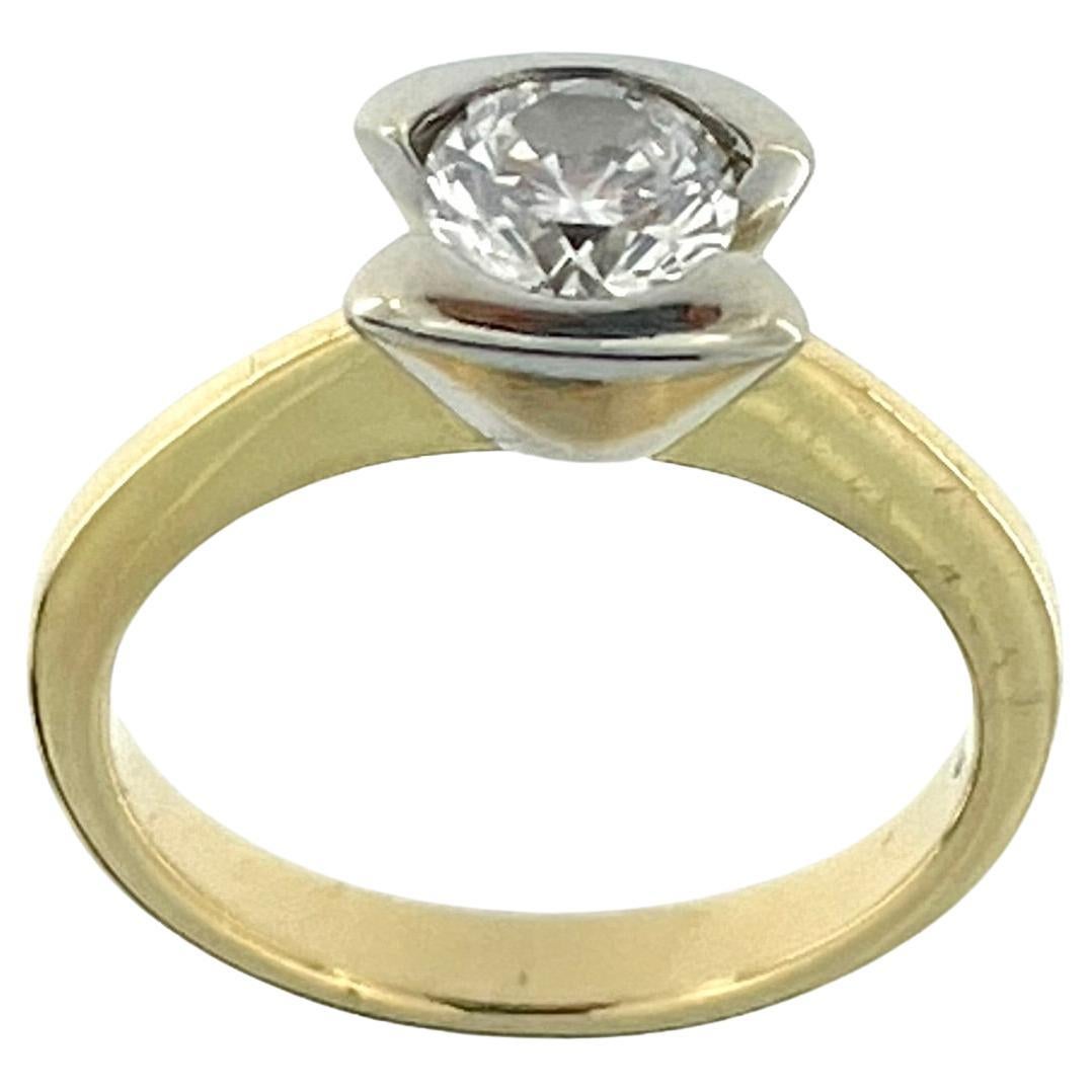 Diamond Solitaire Italian Ring 18 karat Yellow and White Gold For Sale