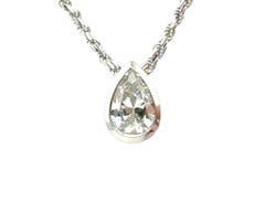 Diamond Solitaire Pendant 1 Carat Mined Bezel Set Antique Cut Pear 14K Gold Chai