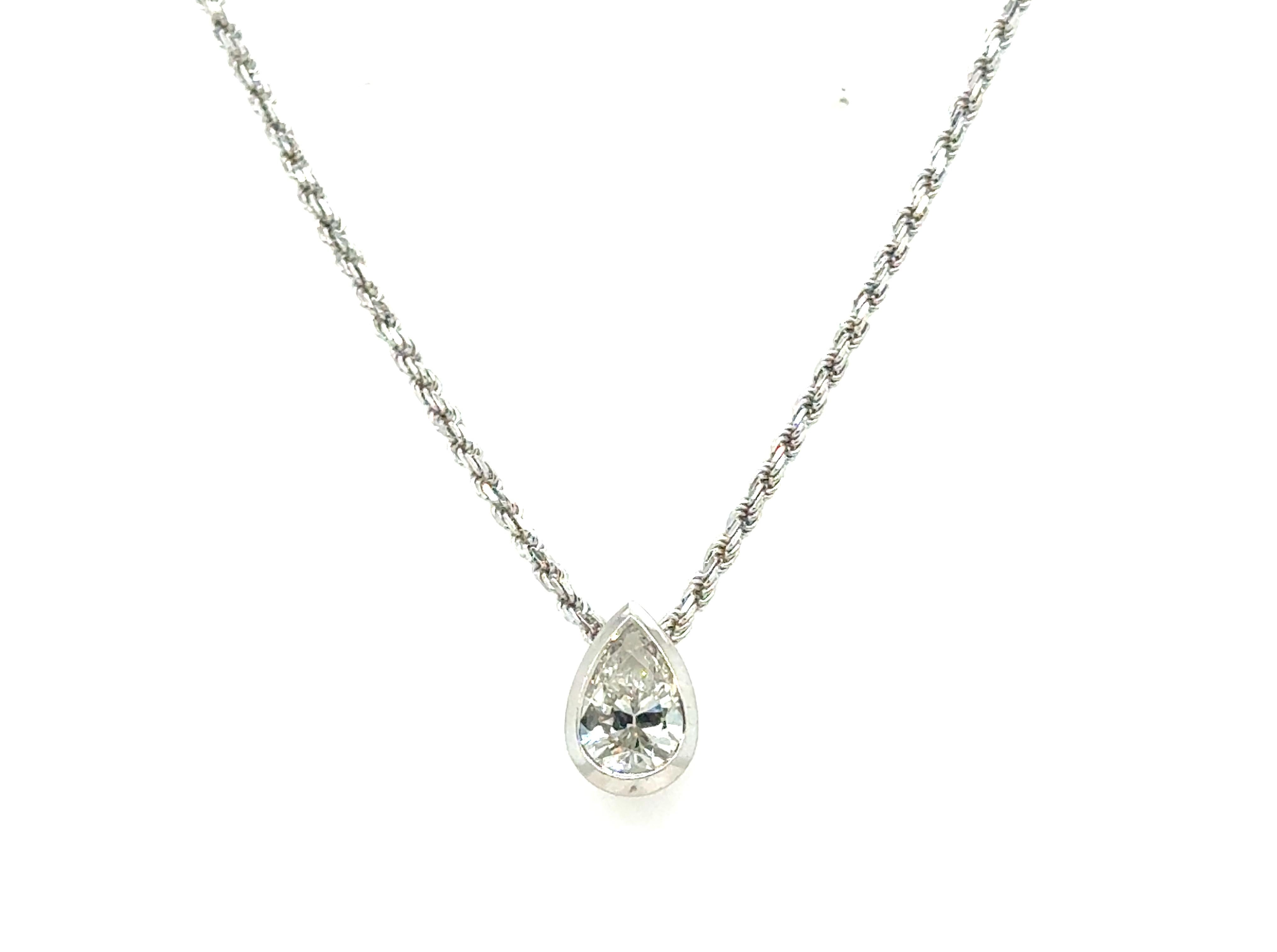 Diamond Solitaire Pendant 1 Carat Mined Bezel Set Antique Cut Pear 14K Gold Chai