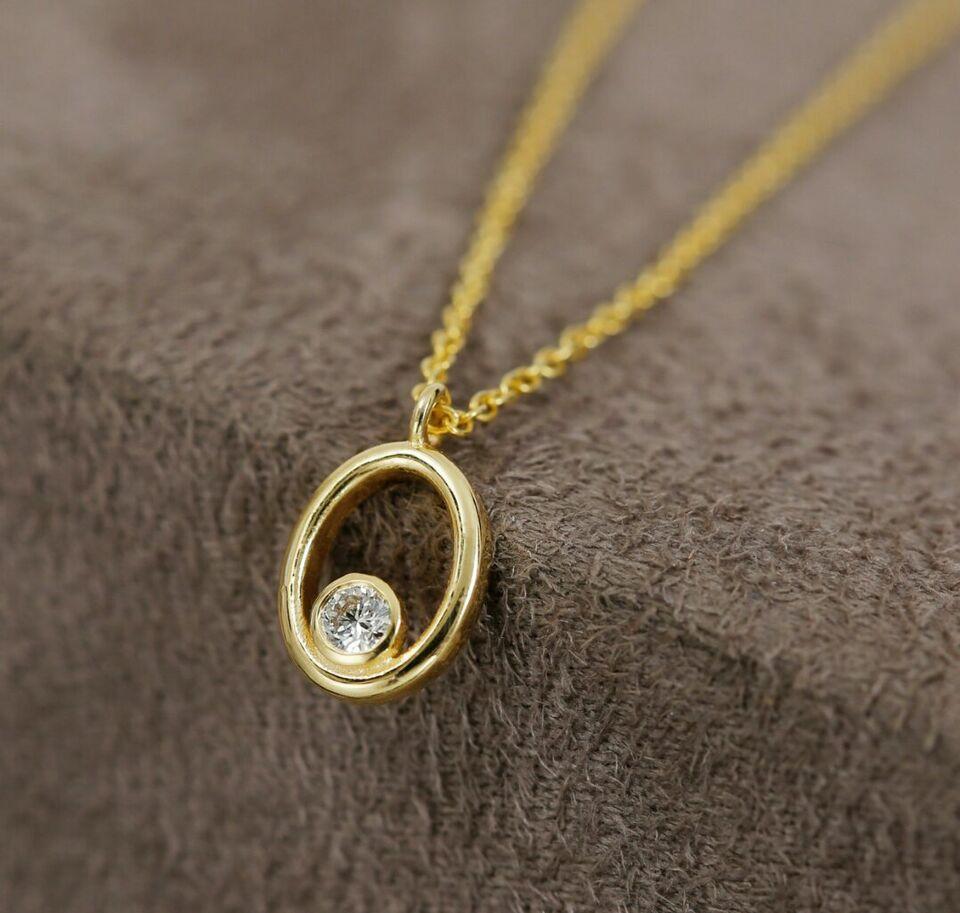 Diamant Solitär-Anhänger-Halskette aus massivem 14k Gold mit Diamanten. (Alteuropäischer Schliff) im Angebot
